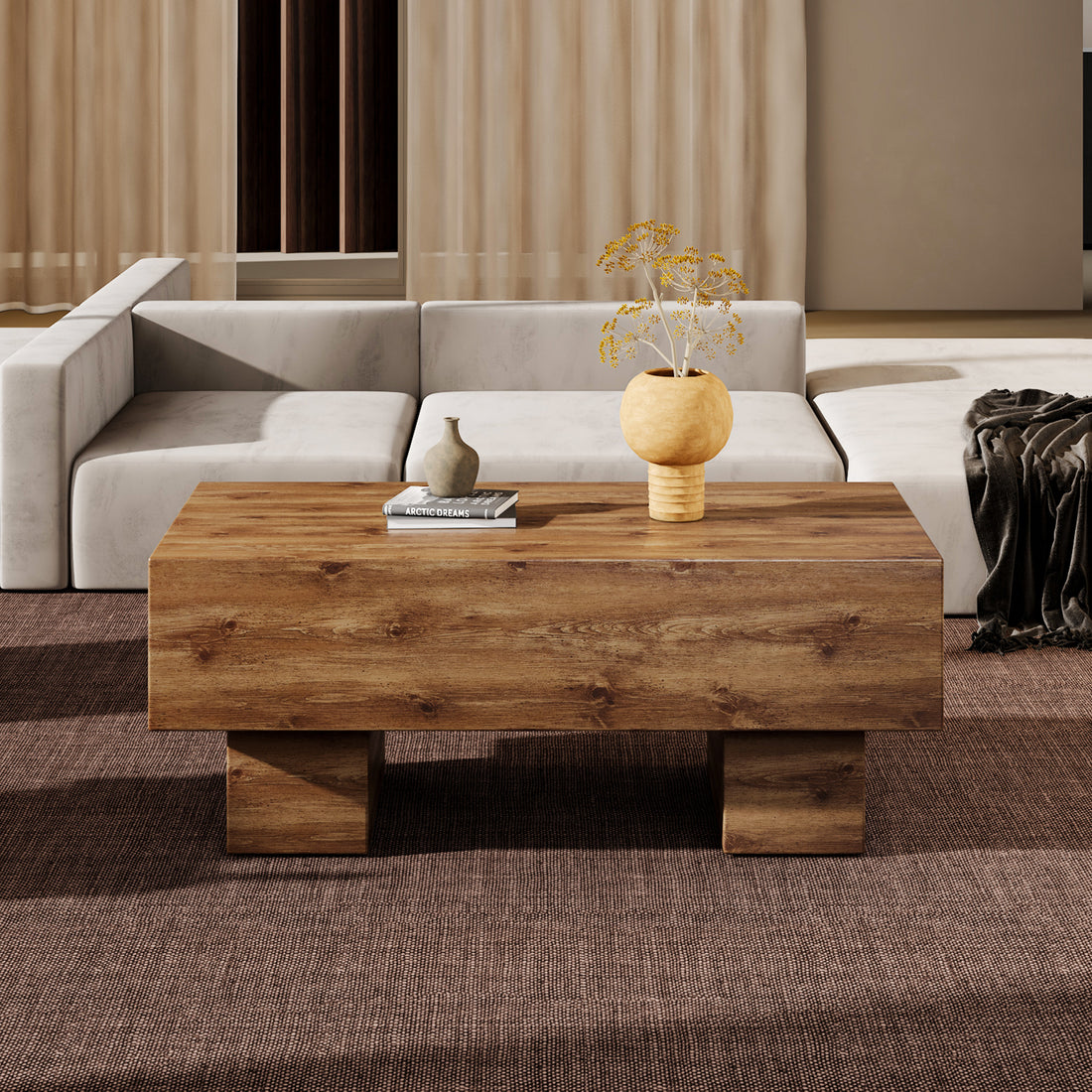 This Modern Rectangular Coffee Table Features A Stylish Wood Color, Making It An Ideal Addition To Any Living Room Or Apartment, And Measures 43.3 "X 21.6" X 17.2 ". Wood Mdf