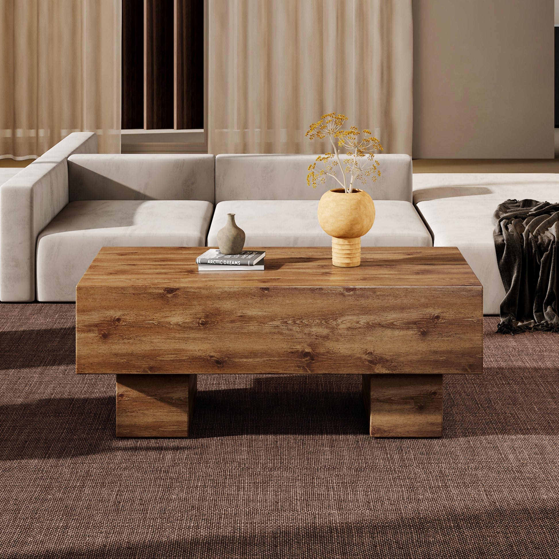 This Modern Rectangular Coffee Table Features A Stylish Wood Color, Making It An Ideal Addition To Any Living Room Or Apartment, And Measures 43.3 "X 21.6" X 17.2 ". Wood Mdf