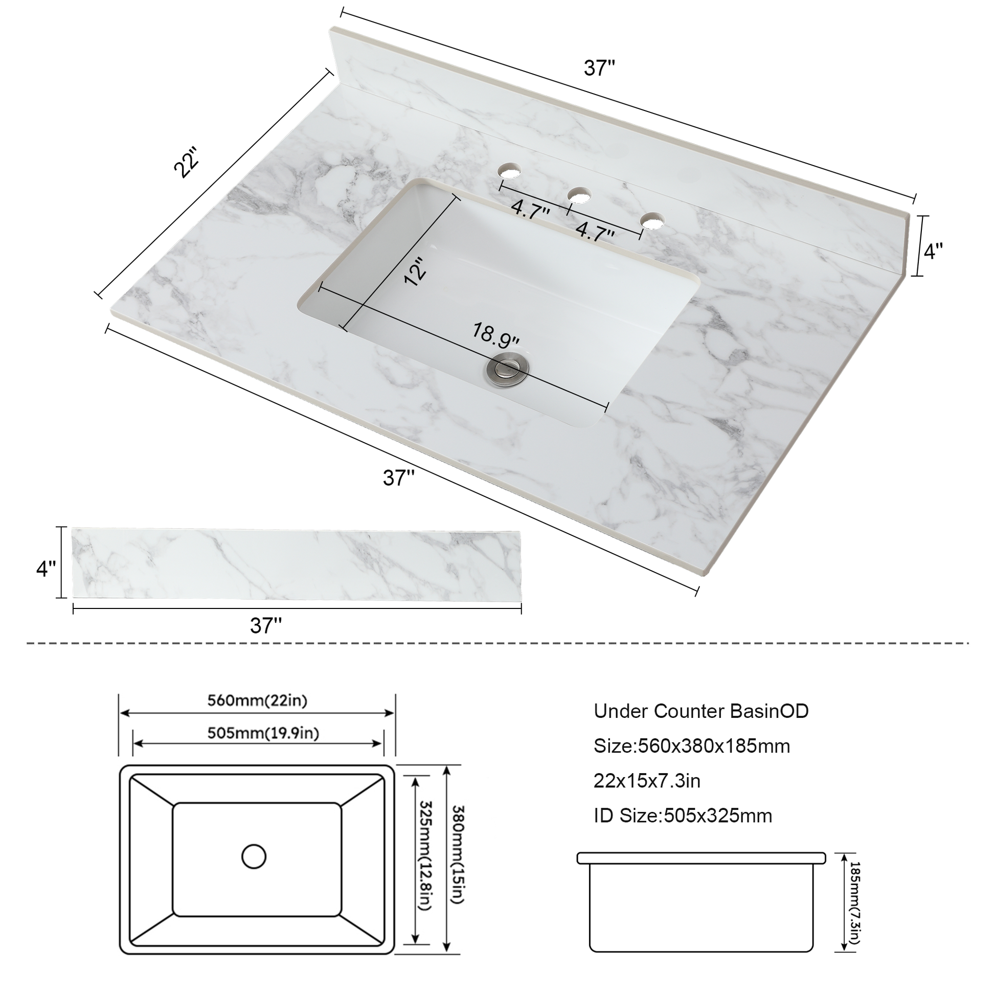 37"X22"Bathroom Vanity Top,Sintered Stone Carra Whitebarthroom Vanity Sink Tops With Rectangular Undermount Ceramic Sink With Vanity Backsplash, Three Faucet Hole Bathroom Vanity Countertop White