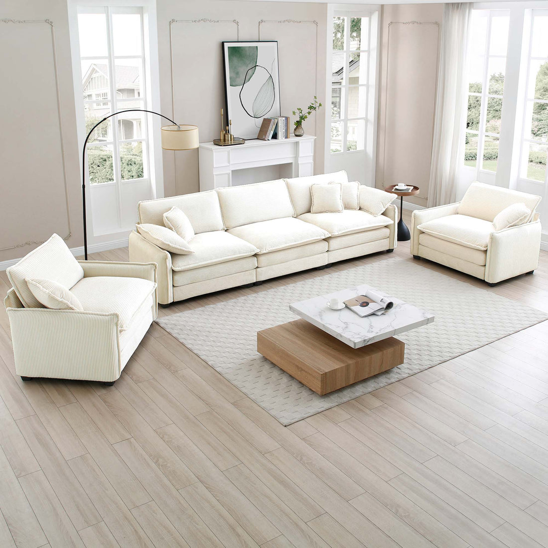 Warm And Cozy Sofa Set With Soft Cushions And Pillows, Home Theater Style Sofa Set Consisting Of A 3 Seater Sofa And Two Single Sofas In Beige Corduroy Fabric Beige Corduroy 5 Seat