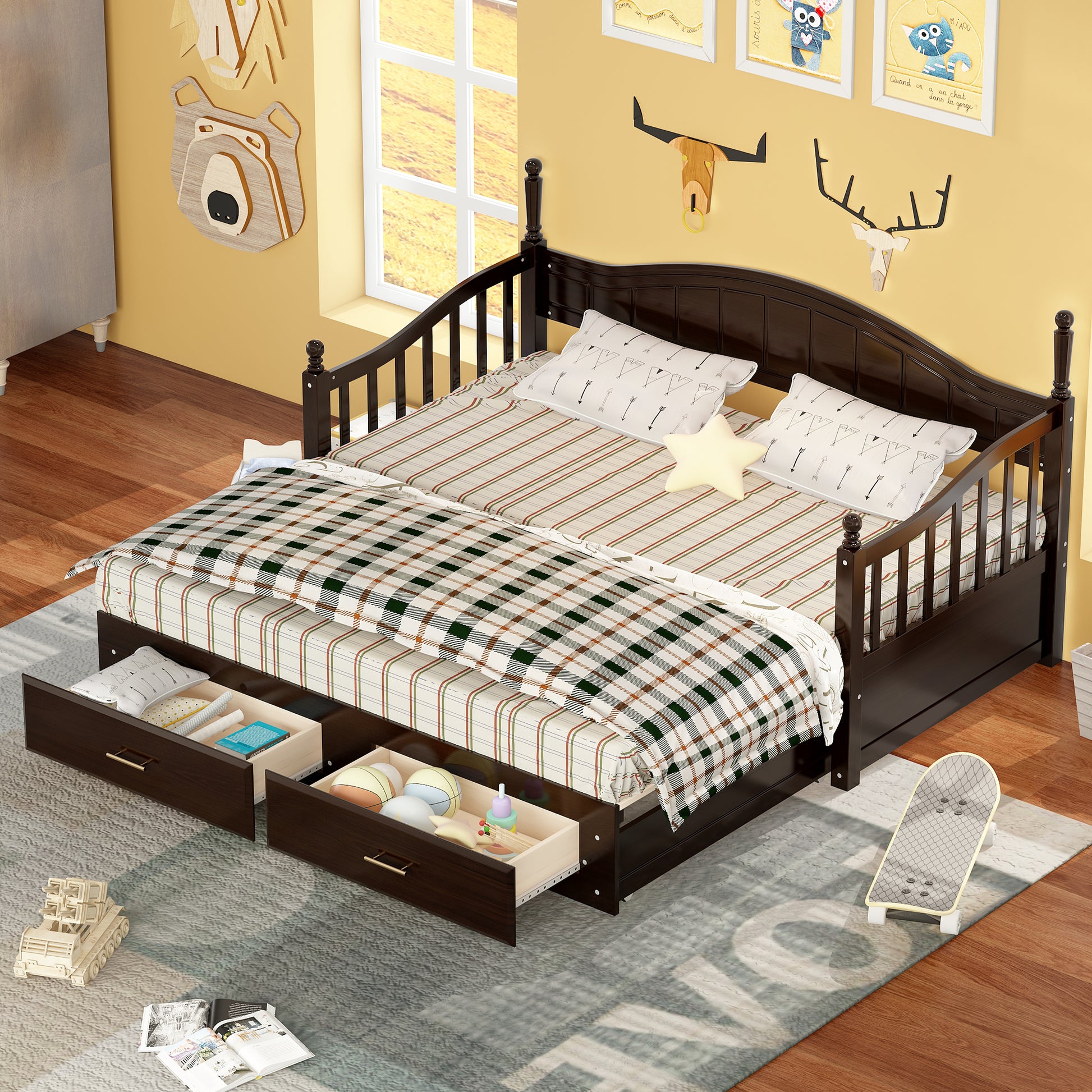 Wooden Twin Size Daybed With Twin Size Trundle, Extendable Daybed With Two Storage Drawers, Espresso Expected Arrival Time:9.12 Twin Espresso Wood