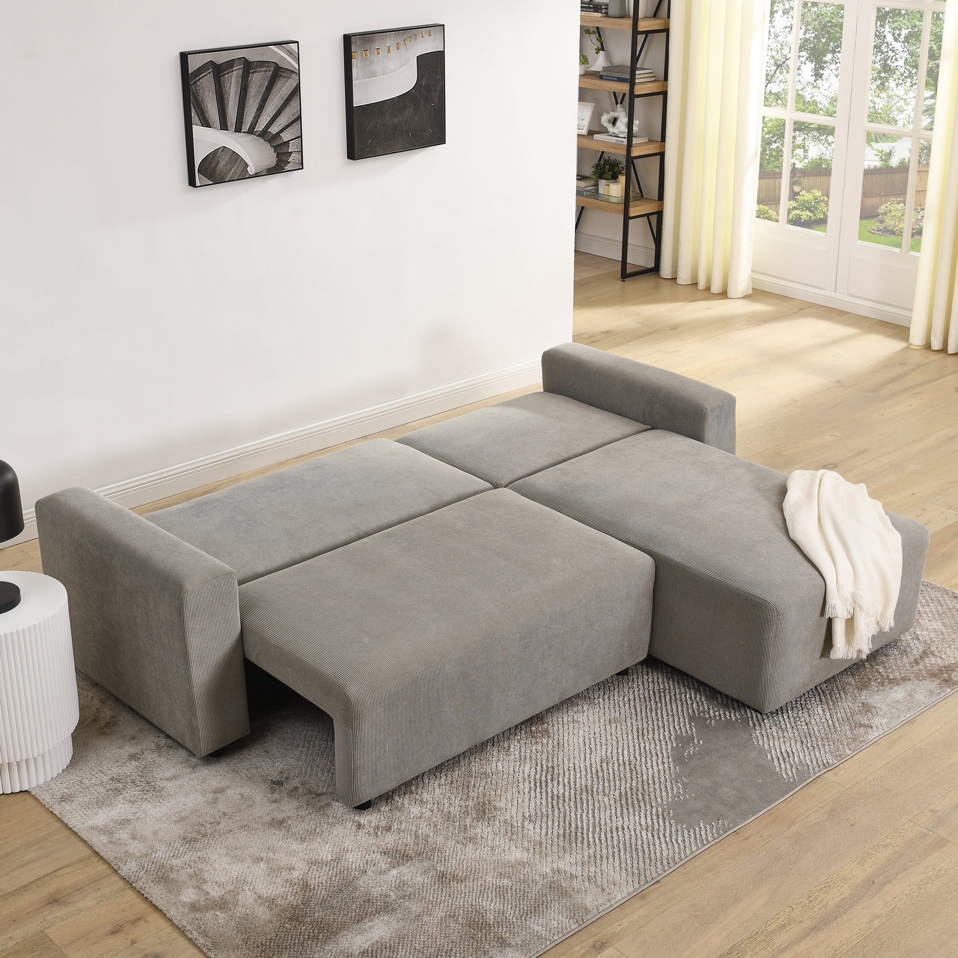 Modular Corduroy Upholstered 3 Seater Sofa Bed With Storage For Home Apartment Office Living Room, Free Combination, L Shaped, Grey Grey Wood Primary Living Space Medium Soft Pillow Back Eucalyptus Square Arms Foam Corduroy 3 Seat