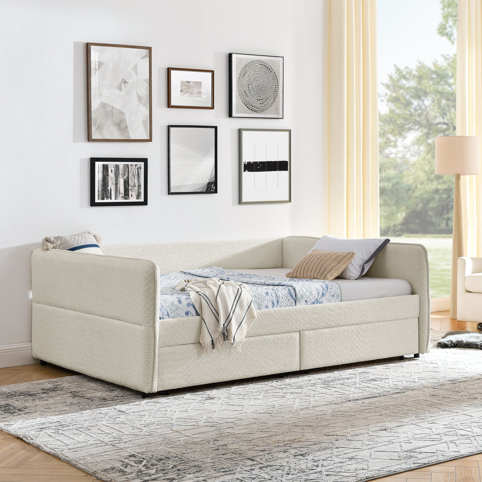 Daybed With Trundle Upholstered Tufted Sofa Bed, With Two Drawers, Queen Size, Boucle Fabric, Beige 88"X65.5"X29.5" Beige Boucle