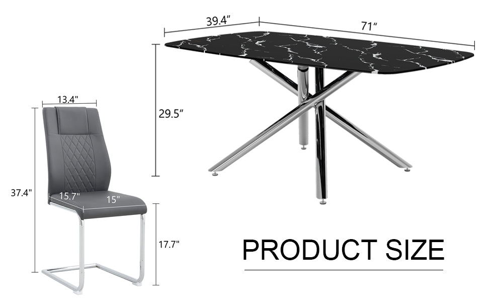 Table And Chair Set.Table And Chair Set.Modern Luxurious Black Marble Patterned Tempered Glass Dining Table With 6 Dark Gray Pu Chairs.Multiple High Quality Pu Dining Chairs With Silver Legs. Dark