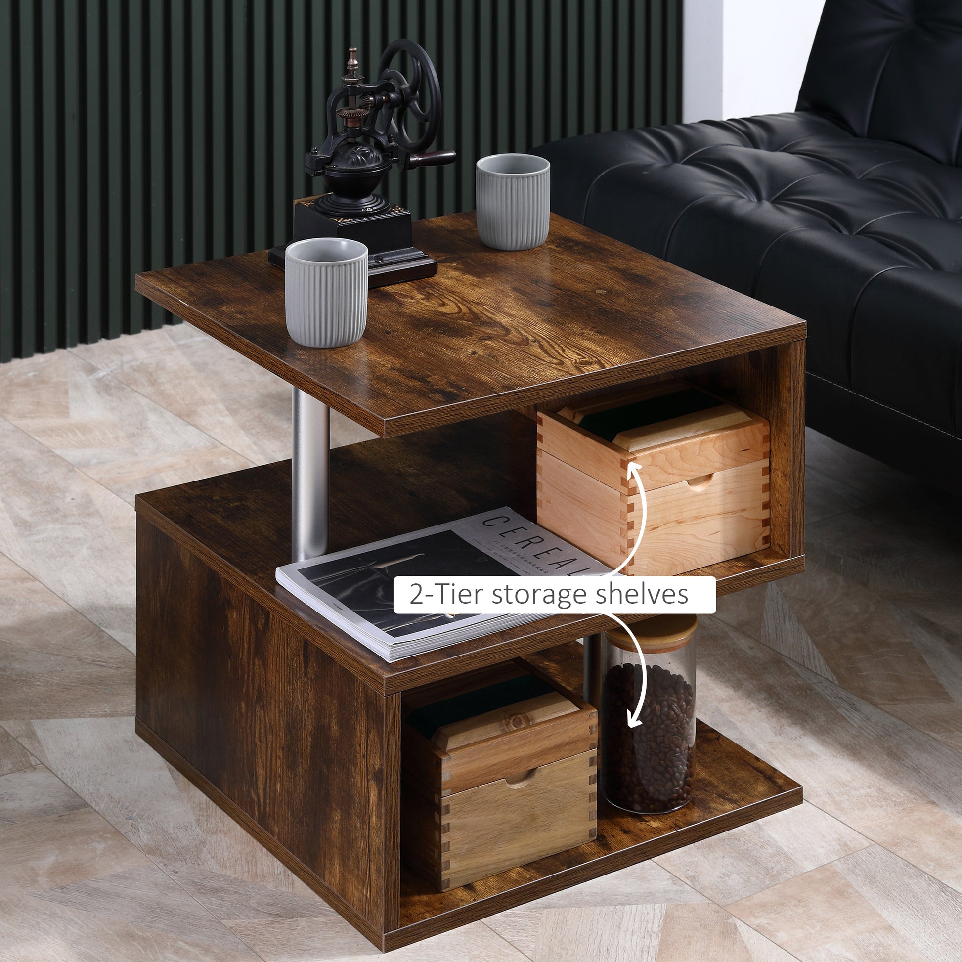Homcom 20" Modern End Table, Accent Side Table, S Shaped Coffee Table With Storage Shelf And Steel Poles, Rustic Brown Rustic Brown Particle Board