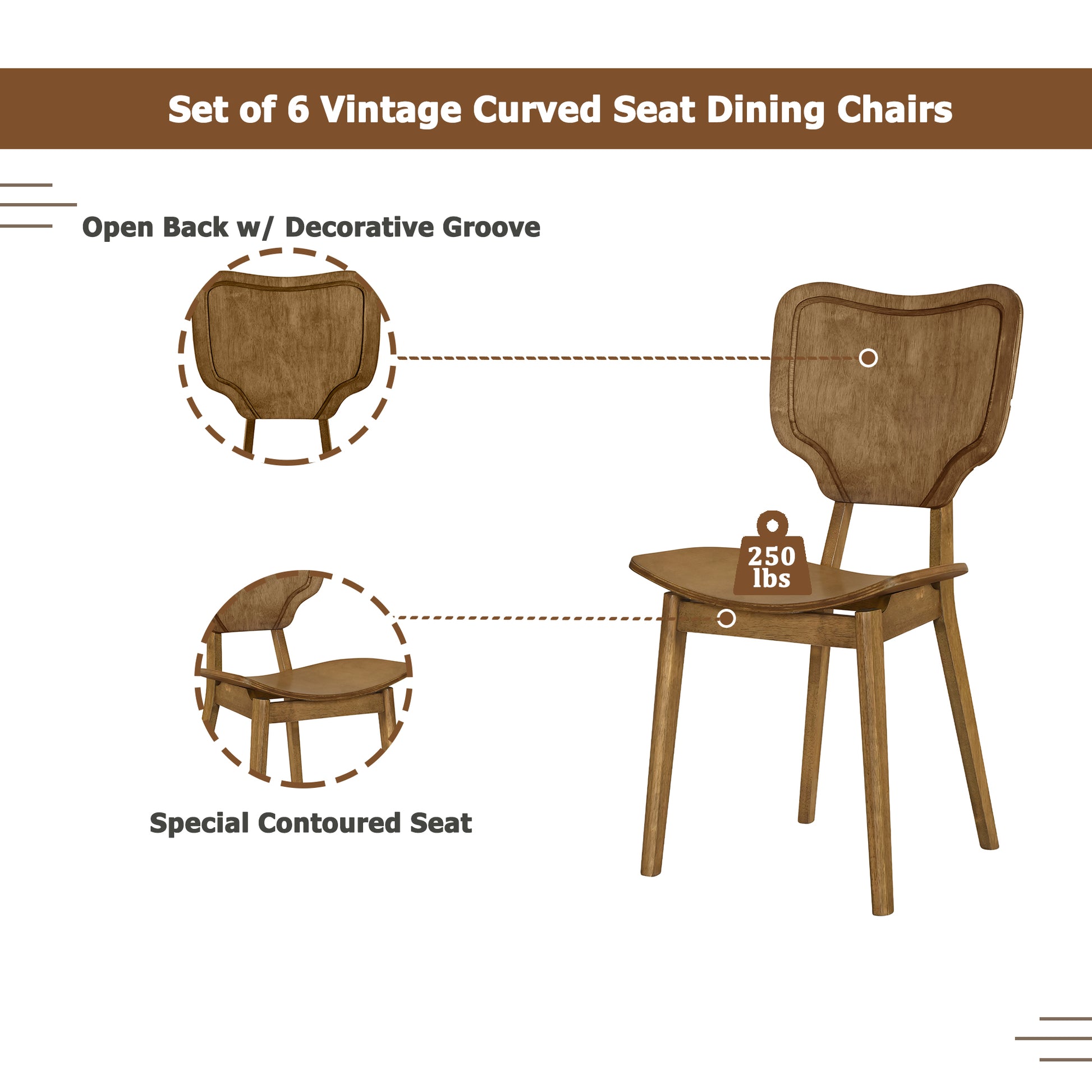 Vintage 7 Piece Dining Table Set With 6 Dining Chairs,Kitchen Table Set For 6 With Curved Back And Seat, Brown Wood Dining Room Solid Wood Rubberwood Rectangular Dining Table With Chair Upholstered Chair Wood Brown Seats 6 Farmhouse Curved 4 Leg Rubber