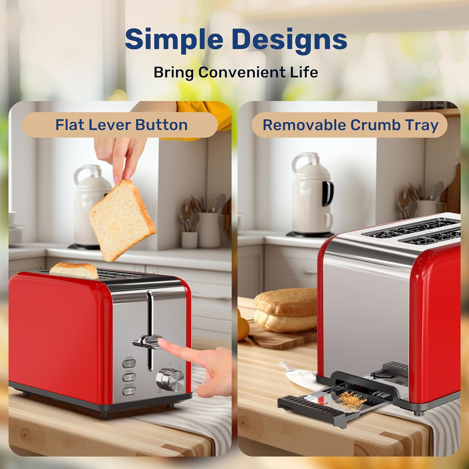 2 Slice Toaster With 6 Browning Setting And 3 Function, Extra Wide Slot & Removable Crumb Tray, Retro Stainless Steel Style, For Bread & Waffle Red Stainless Steel