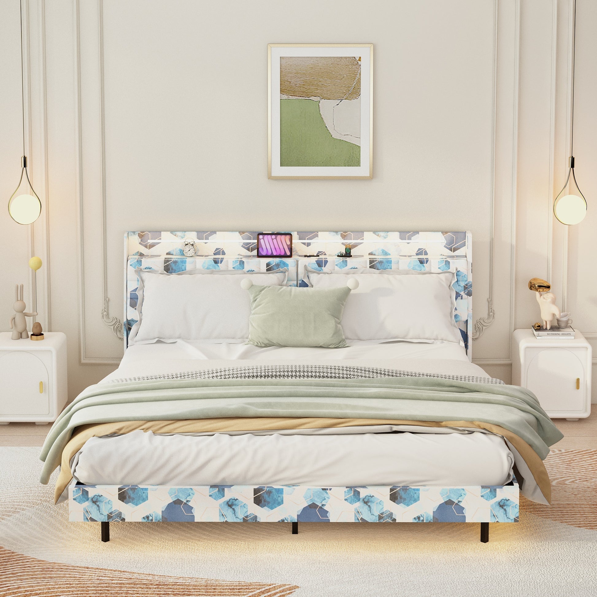 Queen Floating Bed Frame With Led Light And Charging Station Upholstered Platform Bed Frame Queen Size With Headboard And Hidden Storage Space, No Box Spring Needed, Blue Box Spring Not Required Queen Blue Geometry Metal Bedroom Bed Frame Velvet Velvet