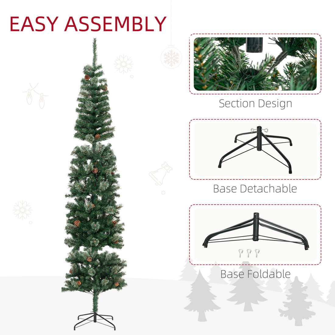 Homcom 9.5 Foot Pencil Artificial Christmas Tree, Slim Pine Needles Xmas Tree With Realistic Branches, Pine Cones, Metal Base, Green Green Plastic