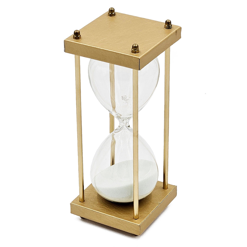 10" Papin Natural 30 Minute Hourglass, Framed With An Metal Stand, Gold&White Gold,White Pu Leather,Wood Metal Glass