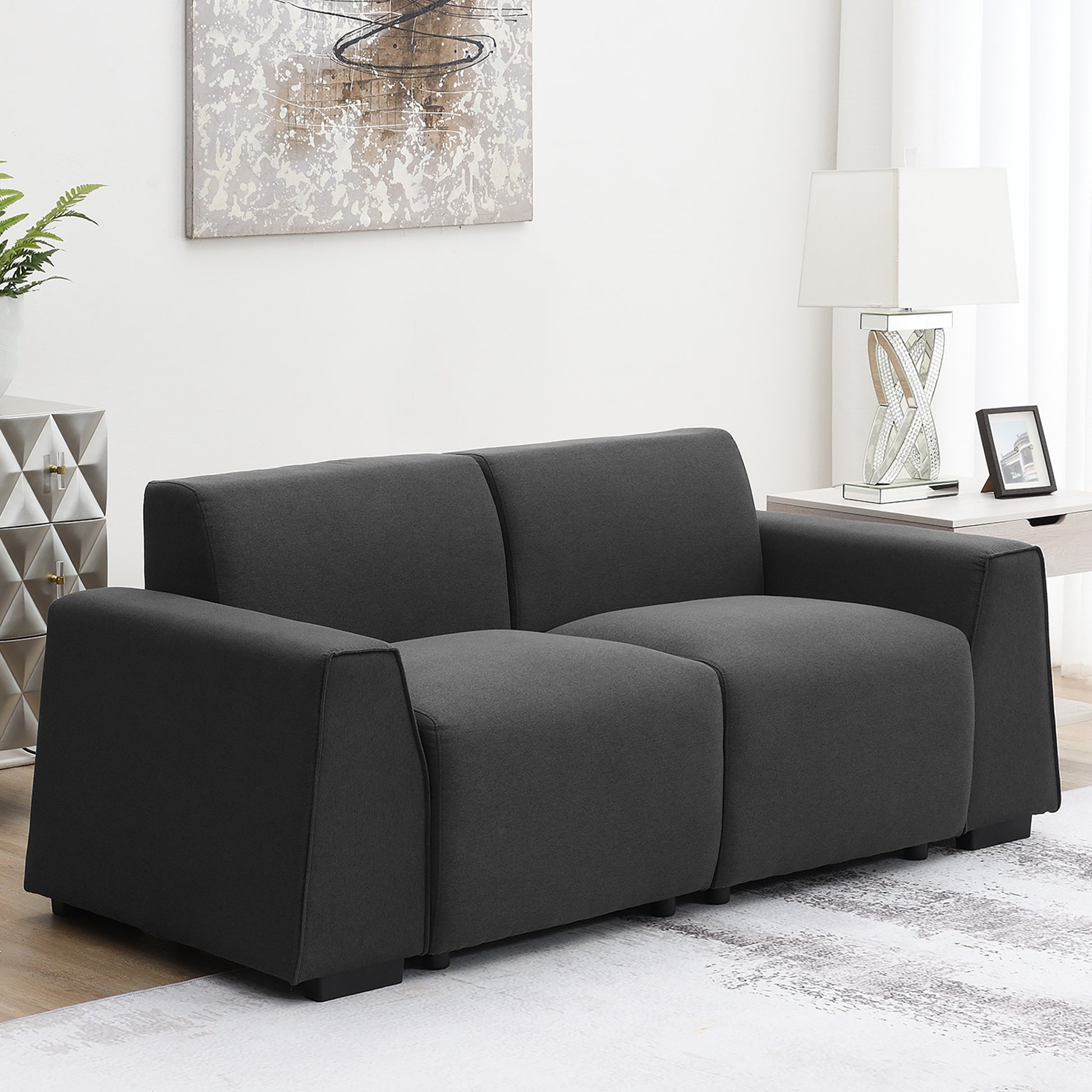 71*35.5" Modern Linen Fabric Sofa,Stylish And Minimalist 2 3 Seat Couch,Easy To Install,Exquisite Loveseat With Wide Armrests For Living Room,Bedroom,Apartment,Office,2 Colors Dark Grey Linen 2 Seat