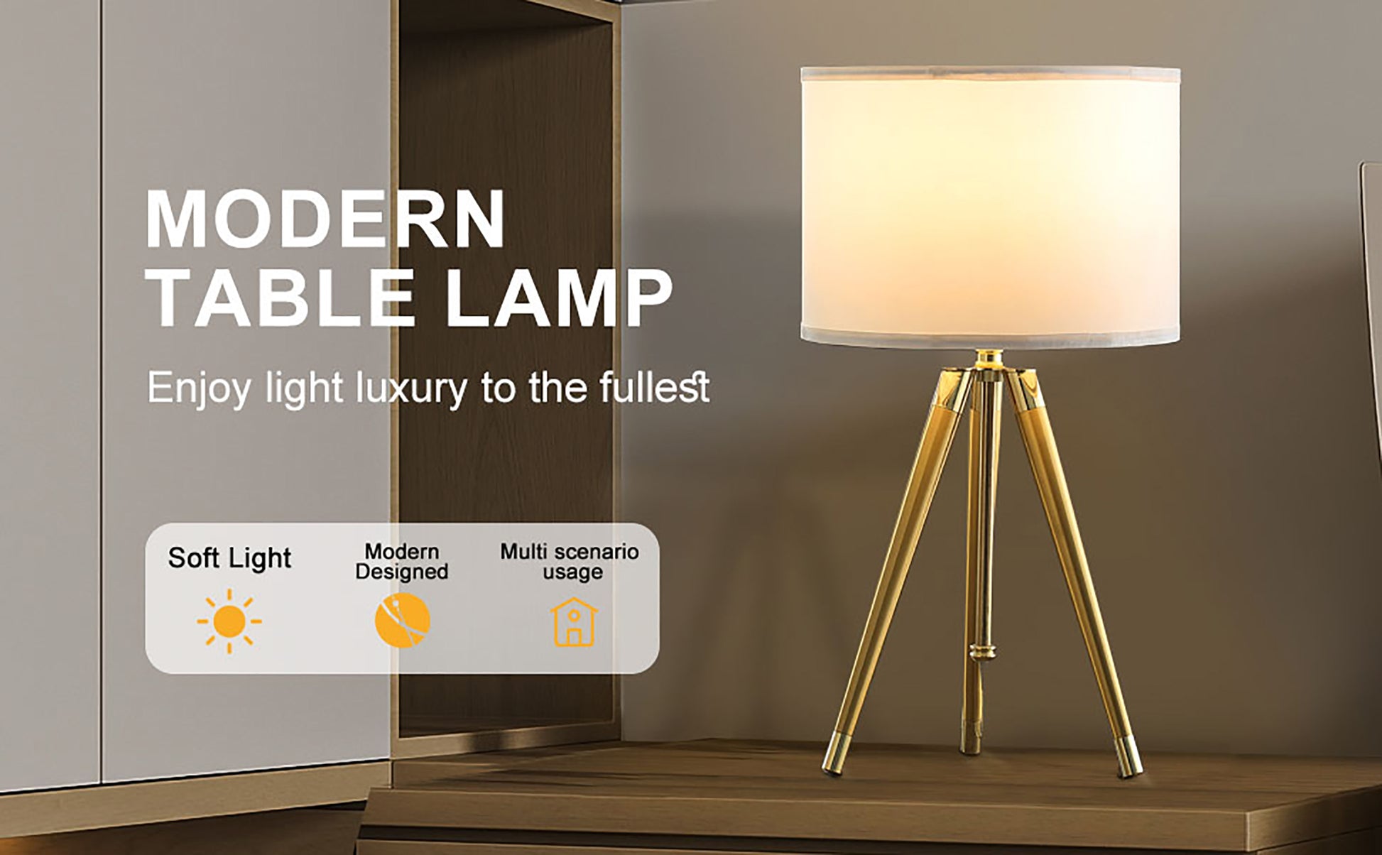 35.5" 25.75"H Adjustable Hieght Brass Shiny Gold Modern Tripod Table Lamp For Living Room, Nightstand Bedside Table Lamp For Bedroom, Led Lamp Gold White Fabric Metal