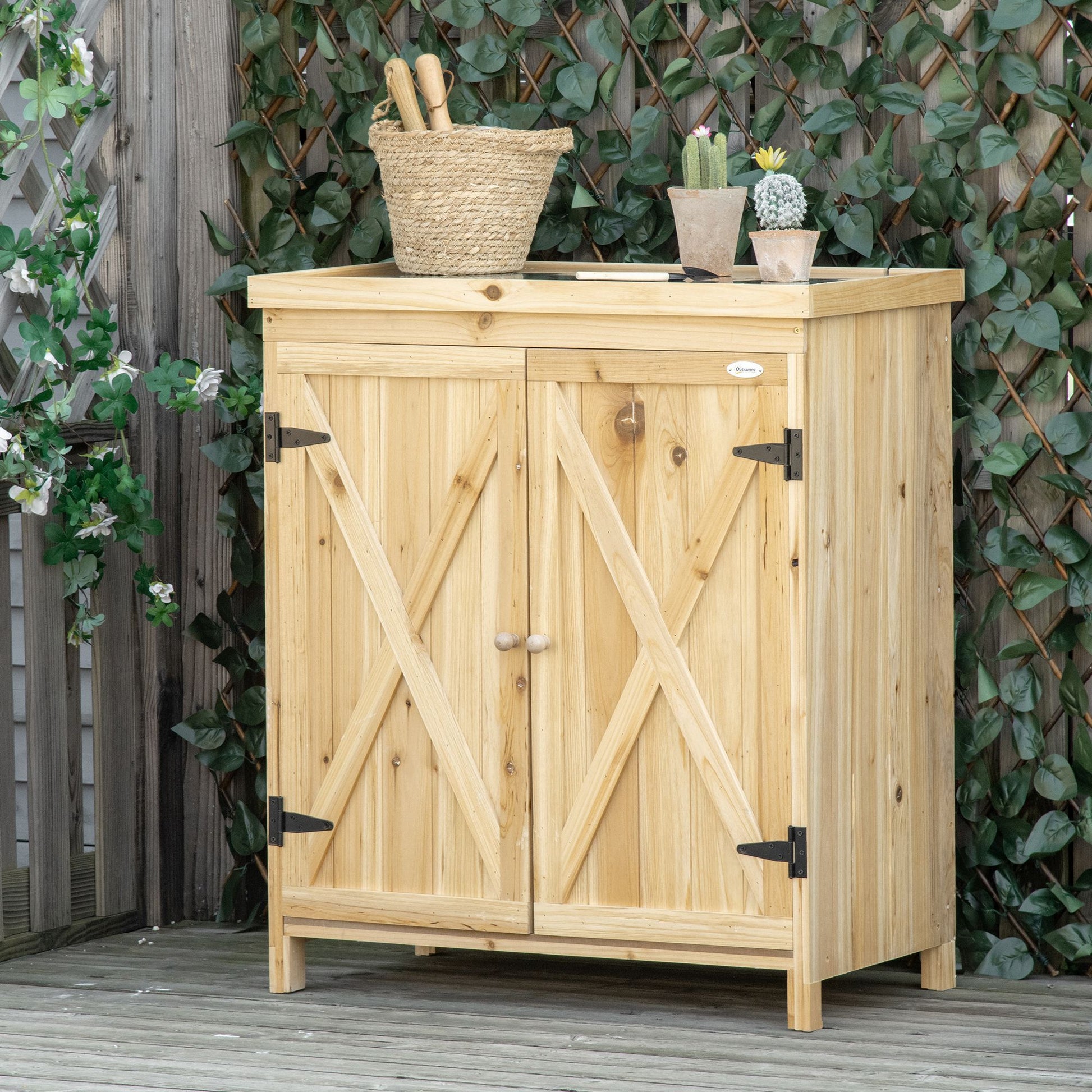 Outsunny Garden Storage Cabinet, Outdoor Tool Shed With Galvanized Top And Two Shelves For Yard Tools Or Pool Accessories, Natural Natural Wood Wood
