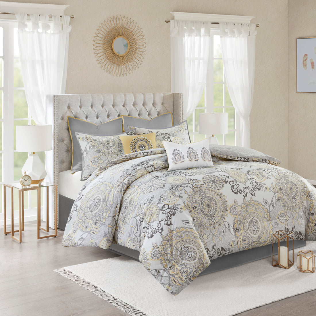 8 Piece Cotton Floral Printed Reversible Comforter Set Yellow Queen Queen Yellow Cotton