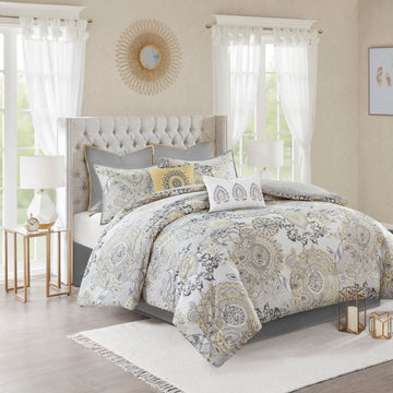 8 Piece Cotton Floral Printed Reversible Comforter Set Yellow Queen Queen Yellow Cotton