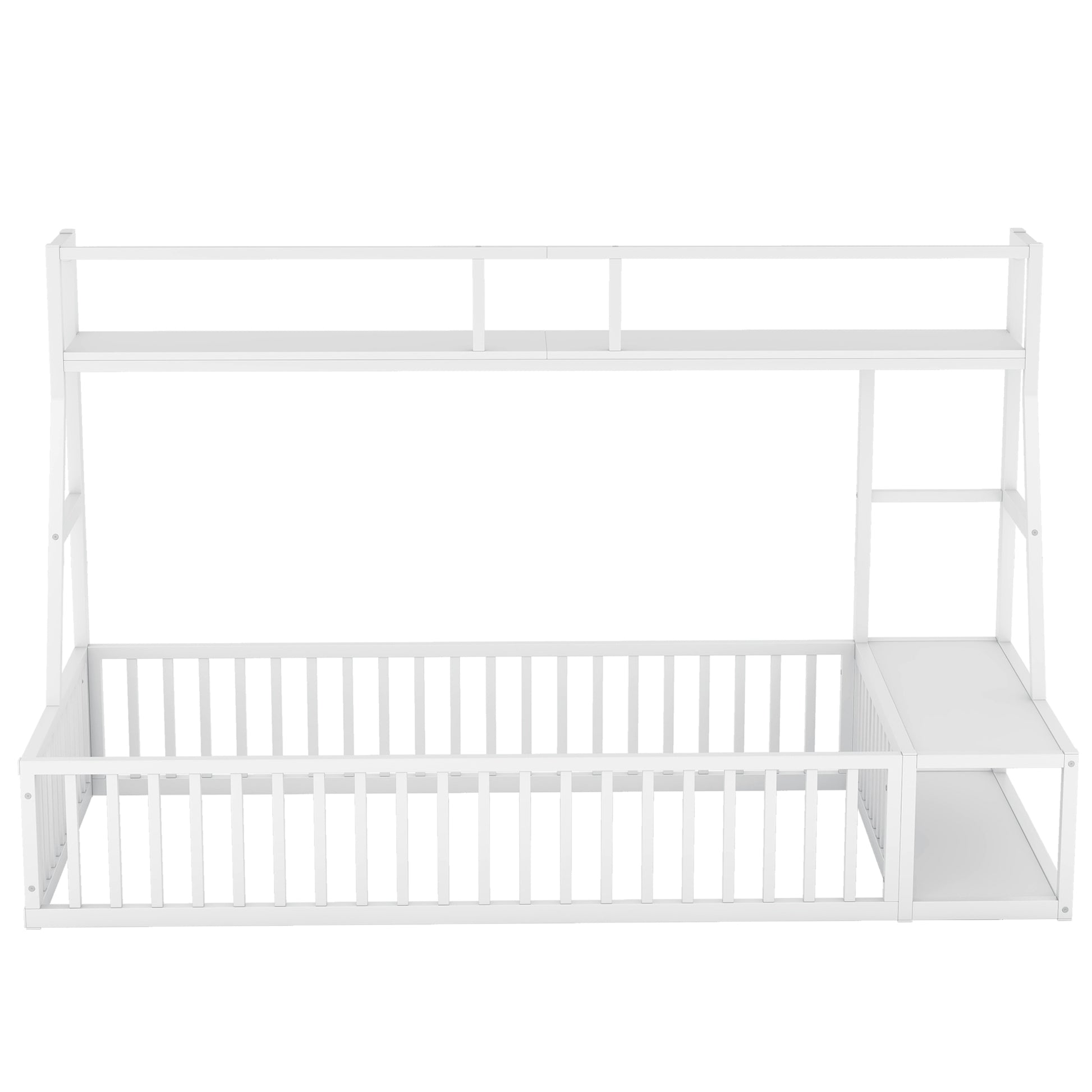 Twin Size Floor Bed Frame With Safety Fence, Metal Floor Bed With Desk And Storage Shelves, Playhouse For Kids, White Twin Off White Metal