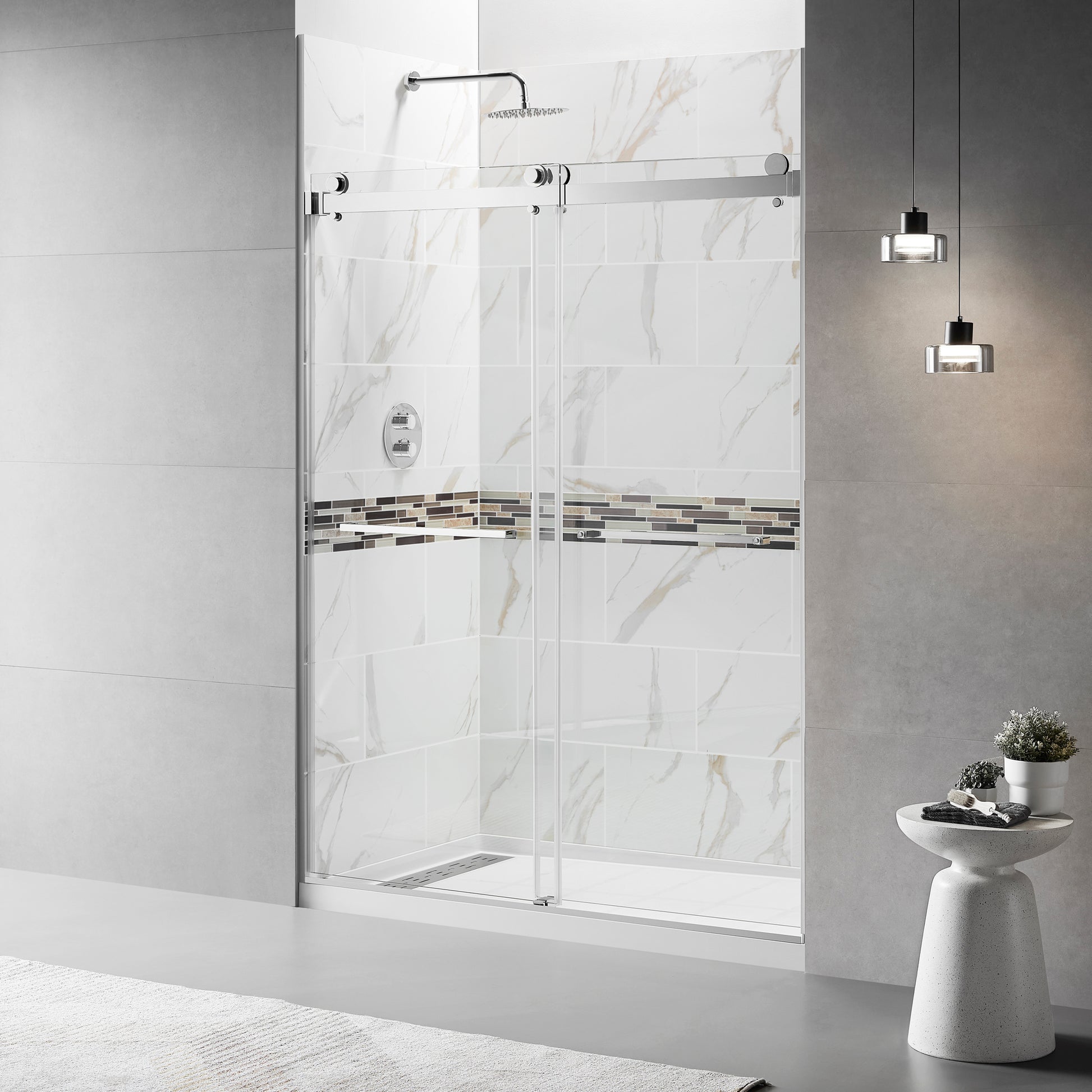 56" 60"W X 76"H Frameless Double Sliding Shower Door, 3 8" 10Mm Clear Tempered Glass, Glass Door For Bathroom, Chrome Finish Chrome Bathroom American Design Glass Metal