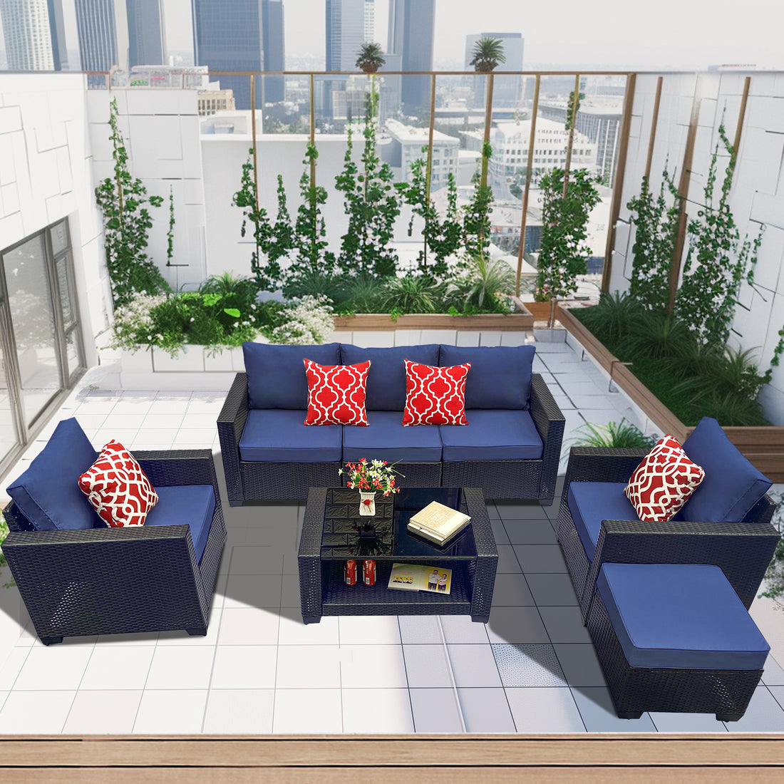 Outdoor Garden Patio Furniture 7 Piece Pe Rattan Wicker Cushioned Sofa Sets And Coffee Table, Patio Furniture Set Outdoor Couch Outdoor Couch Patio Furniture Outdoor Sofa Patio Couch Yes Complete Patio Set Dark Coffee Blue Seats 6 Weather Resistant Frame