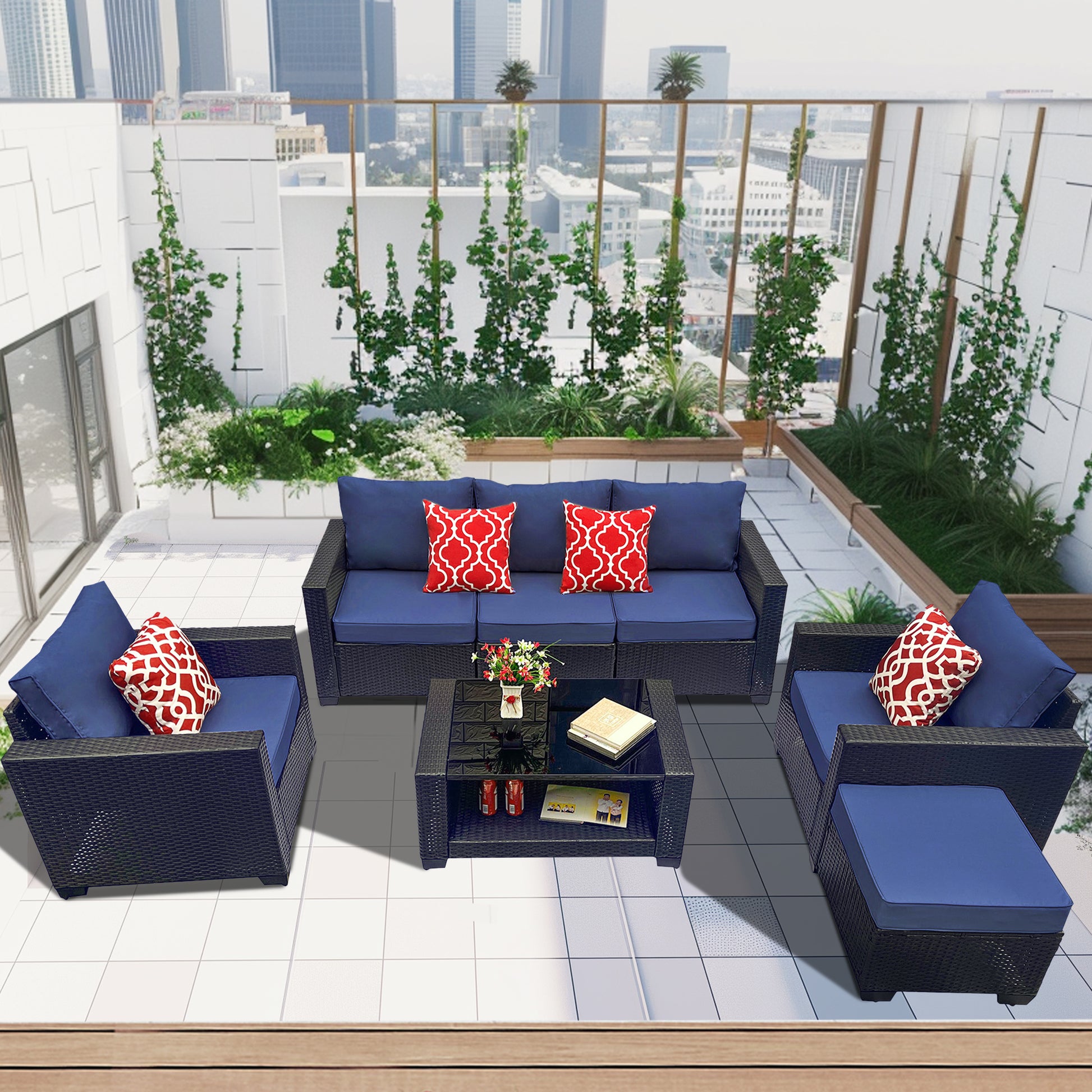 Outdoor Garden Patio Furniture 7 Piece Pe Rattan Wicker Cushioned Sofa Sets And Coffee Table, Patio Furniture Set Outdoor Couch Outdoor Couch Patio Furniture Outdoor Sofa Patio Couch Yes Complete Patio Set Dark Coffee Blue Seats 6 Weather Resistant Frame