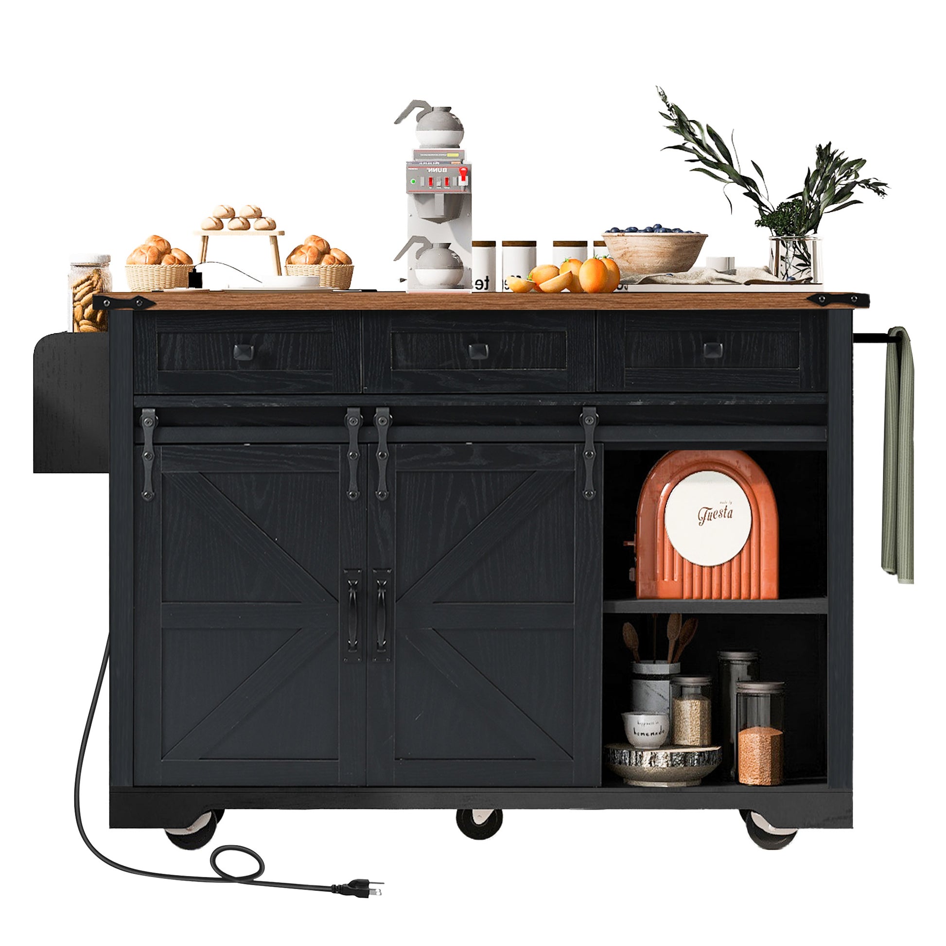 K&K 53.7" Farmhouse Kitchen Island With Power Outlet, 2 Sliding Barn Door Kitchen Storage Island With Drop Leaf, Spice Rack Rolling Kitchen Cart On Wheels, For Home, Kitchen And Dining Room, Black