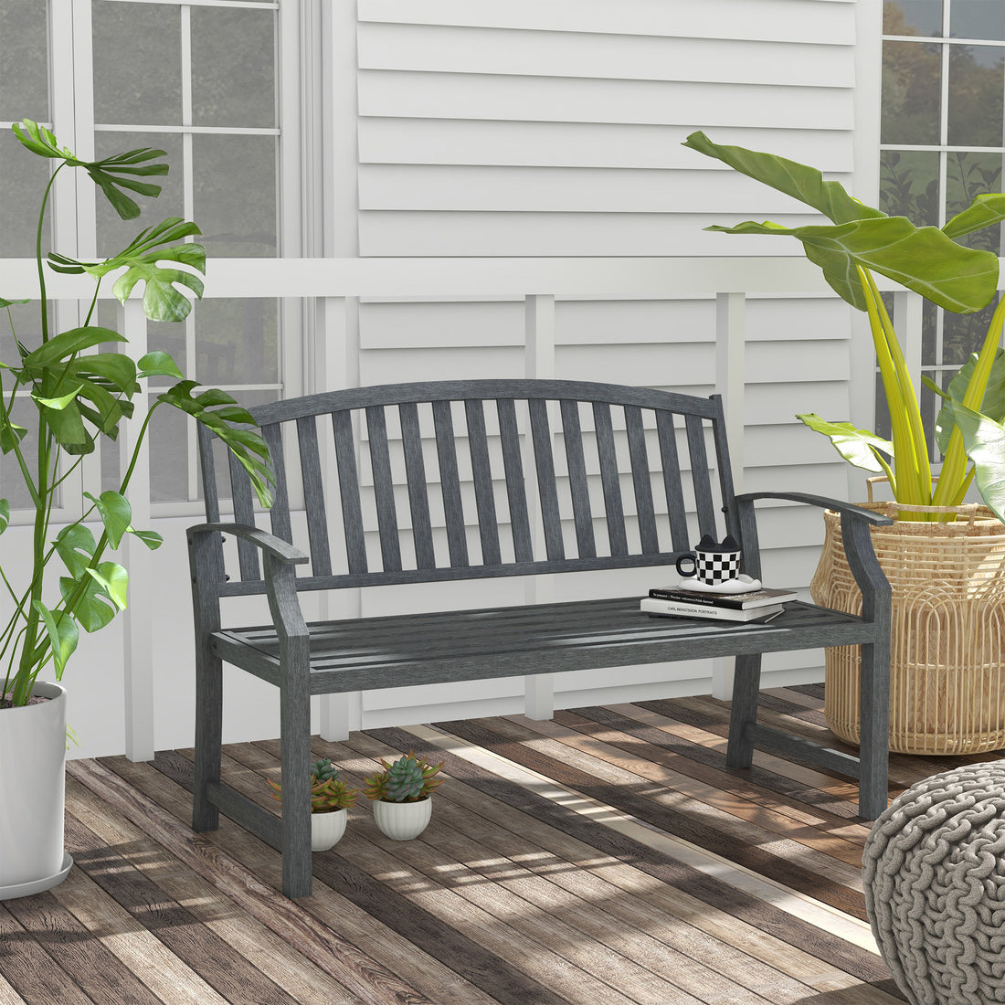 Outsunny 46" Outdoor Garden Bench, Metal Bench, Wood Look Slatted Frame Furniture For Patio, Park, Porch, Lawn, Yard, Deck, Gray Gray Steel