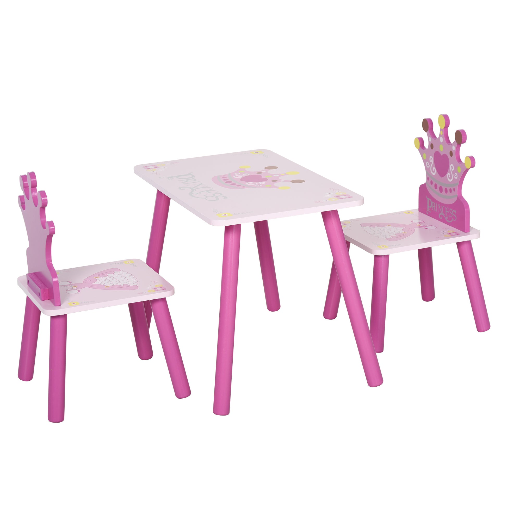 Qaba 3 Piece Kids Wooden Table And Chair Set With Crown Pattern Gift For Girls Toddlers Arts Reading Writing Age 2 4 Years Pink Pink Wood