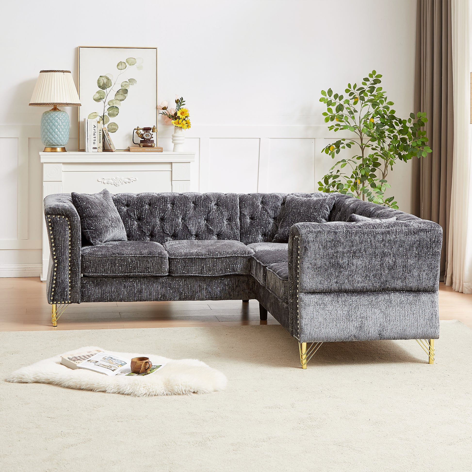 81.5 Inch Chenille Corner Sofal Shaped Sectional Couch, 5 Seater Corner Sofas With 3 Cushions For Living Room, Bedroom, Apartment, Office Grey Foam Chenille 5 Seat