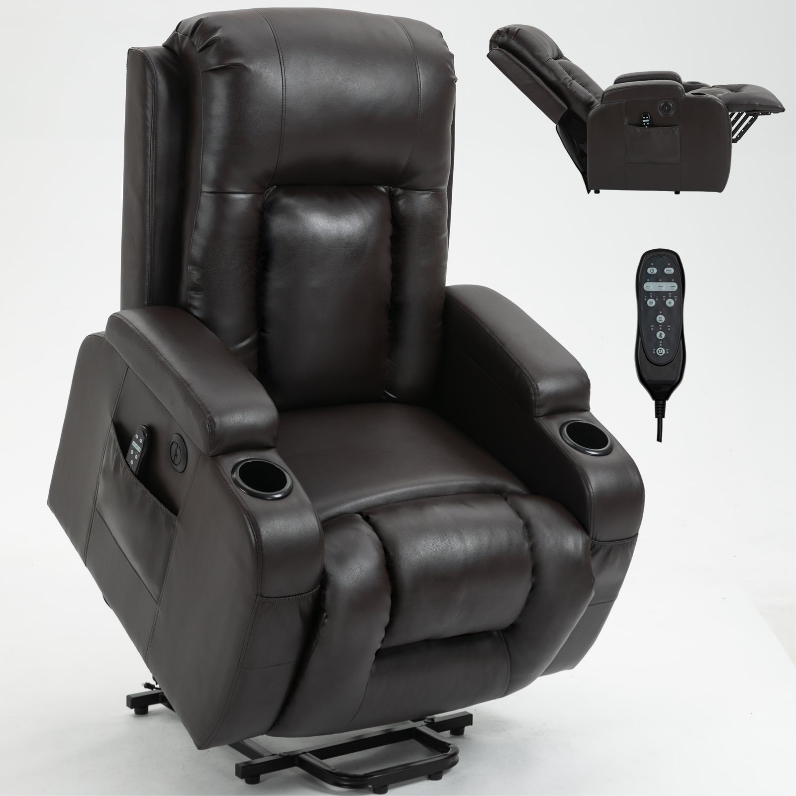 Infinite Position Up To 350 Lbs Power Lift Recliner Chair For Elderly, Heavy Duty Motion Mechanism With 8 Point Vibration Massage And Lumbar Heating, Usb Charging Port, Cup Holders, Brown White