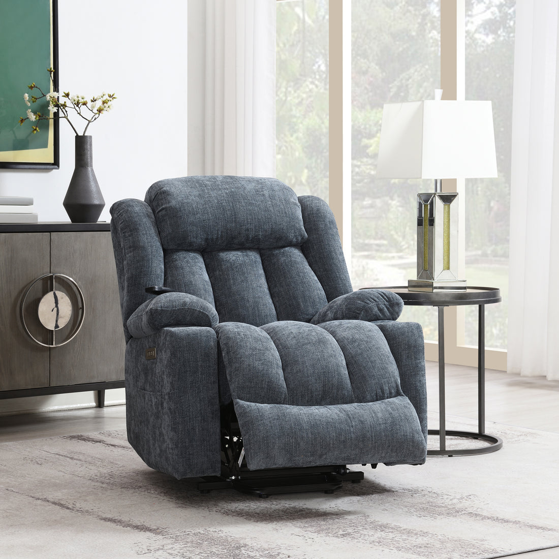 Blue Power Lift Recliner With Heating And Massage Blue Chenille Power Remote Metal Primary Living Space Tight Back Push Button Pillow Top Arms Chenille