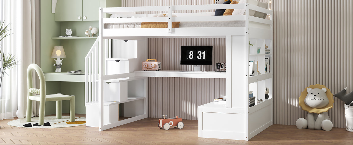 Full Size Loft Bed With Desk And Shelves, Two Built In Drawers, Storage Staircase, White Full White Plywood,Solid Wood Mdf