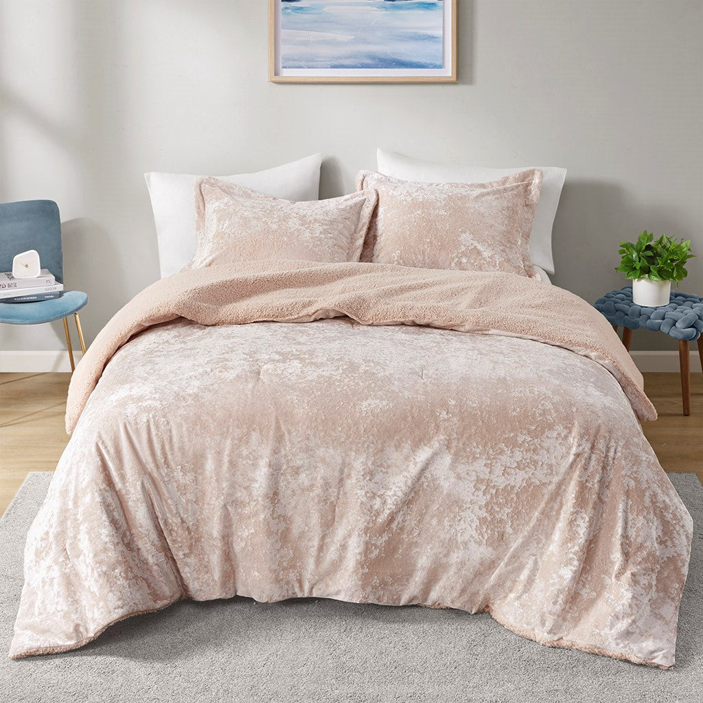 Crushed Velvet Sherpa Reversible Comforter Set Queen Pink Polyester