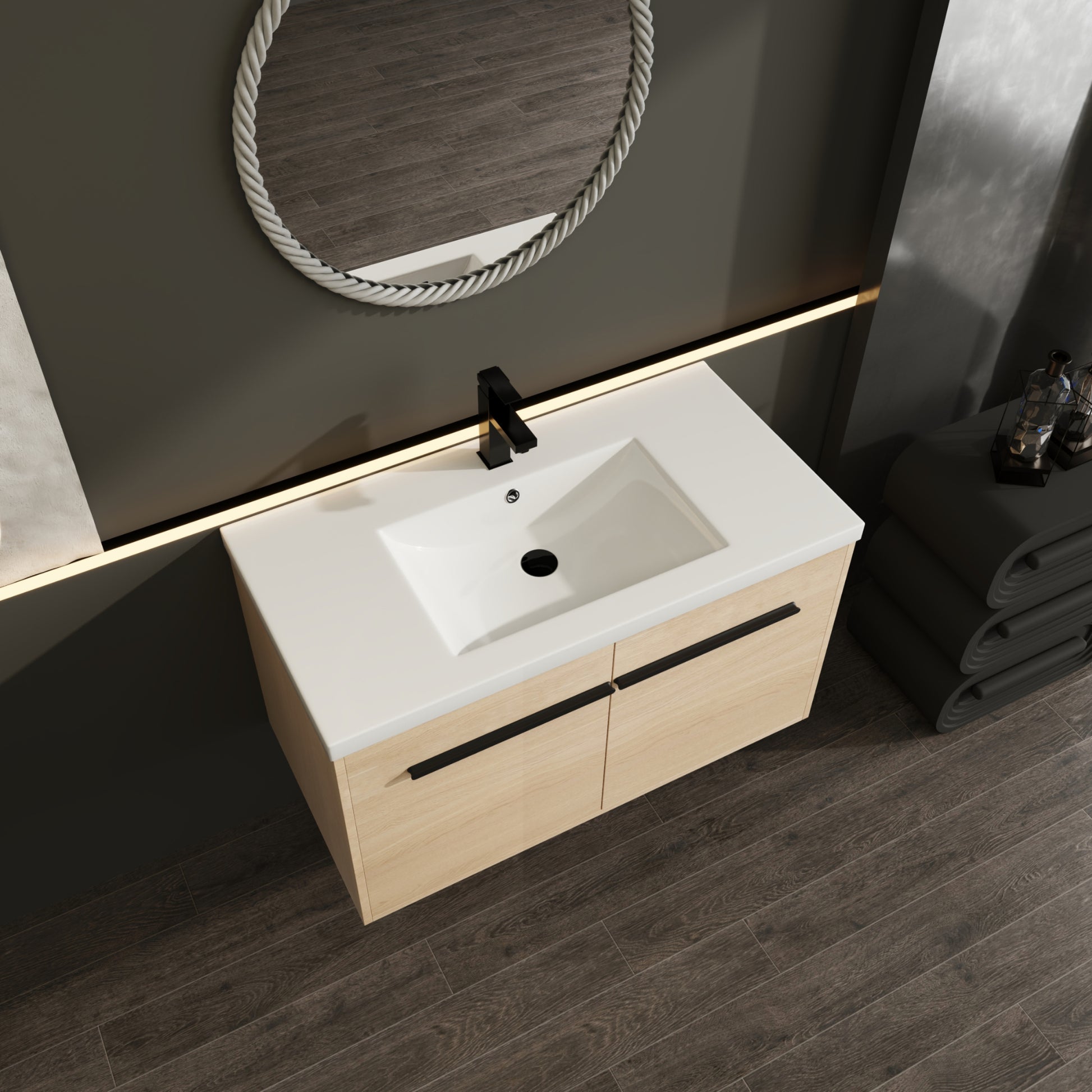 Oak 36 Inch Bathroom Vanity With Resin Countertop Sink, 2 Doors Bathroom Cabinet Set Oak Bathroom American Design Engineered Wood