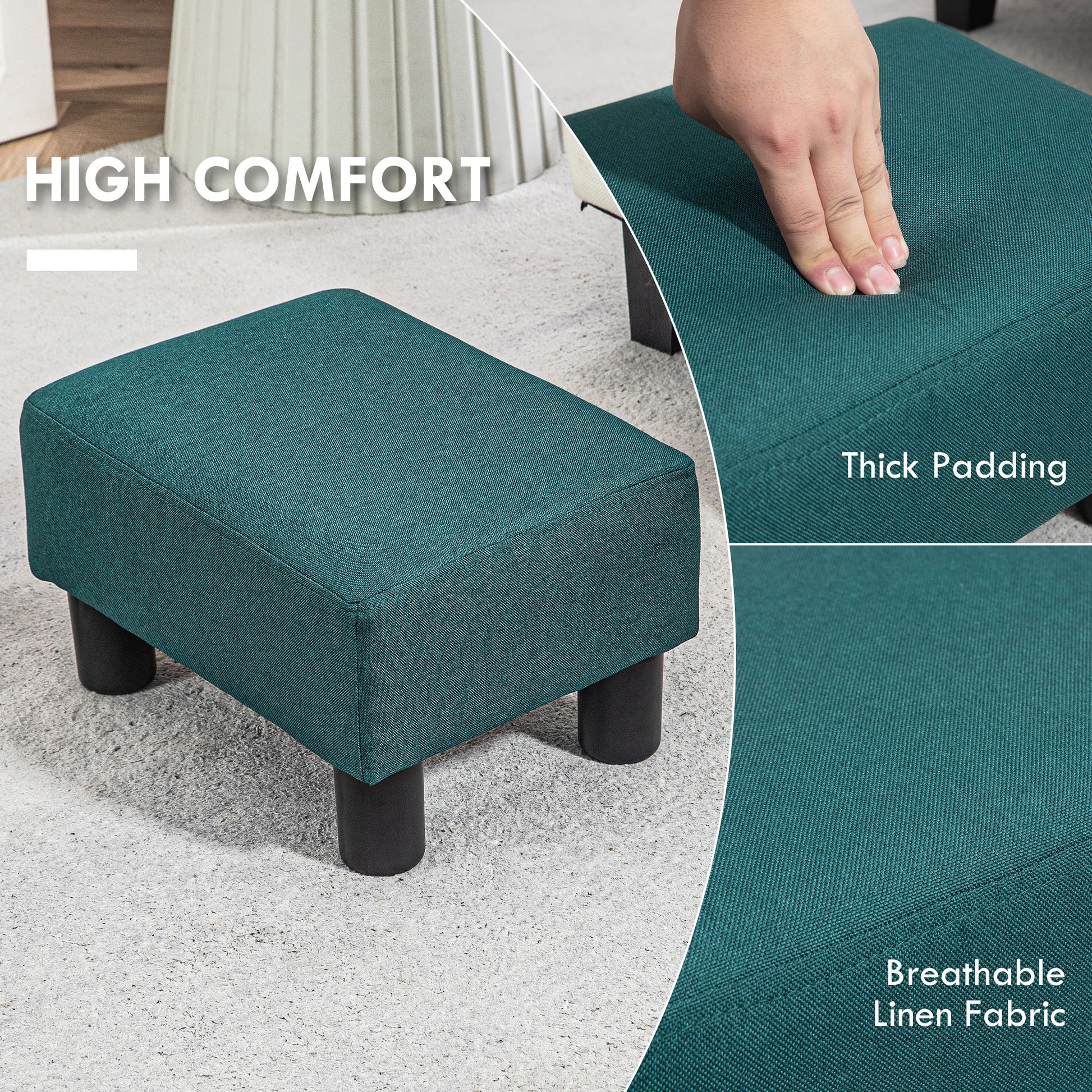 Homcom Ottoman Foot Rest, Small Foot Stool With Linen Fabric Upholstery And Plastic Legs, Cube Ottoman For Living Room, Green Green Linen