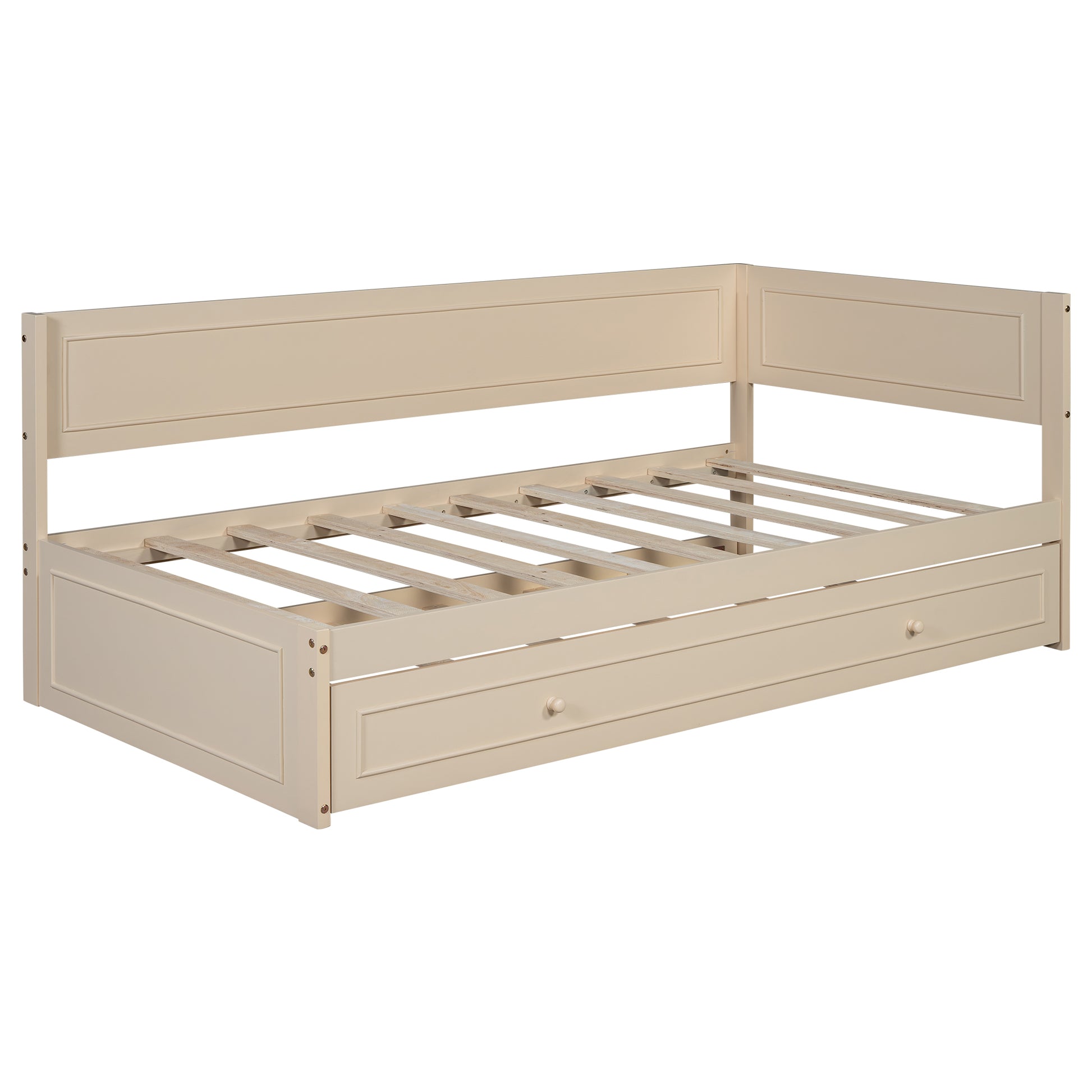 Twin Size Wood Daybed With Trundle And Guardrail, Beige Box Spring Not Required Beige Wood Solid Wood Mdf