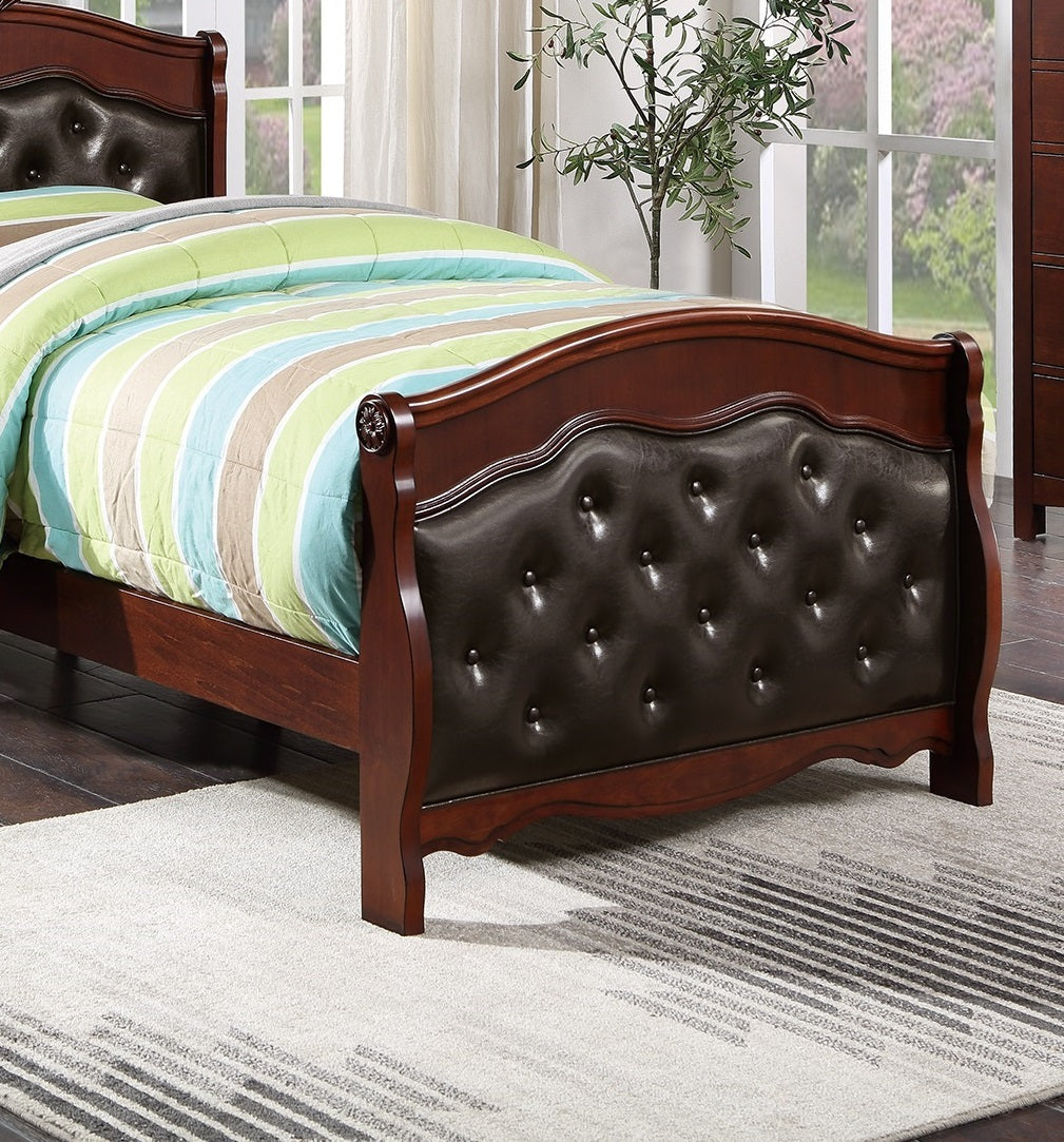 Dark Cherry Twin Size Bed Youth Bedroom Furniture Espresso Faux Leather Headboard Footboard Plywood 1Pc Bedframe Box Spring Required Twin Cherry Wood Bedroom Classic,Traditional Pine Bed Frame Faux Leather Plywood