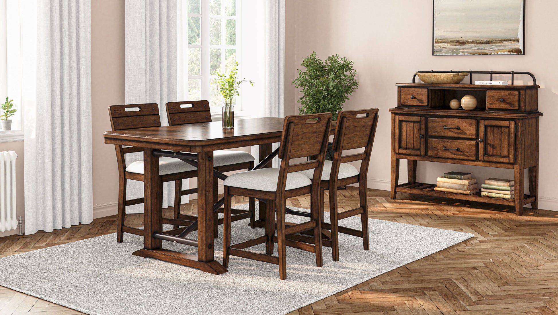 Casual Counter Height Double Pedestal Dining Table Brown Finish Brown Solid Wood Mdf