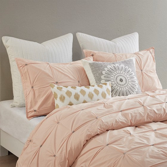 3 Piece Elastic Embroidered Cotton Duvet Cover Set King Pink Cotton