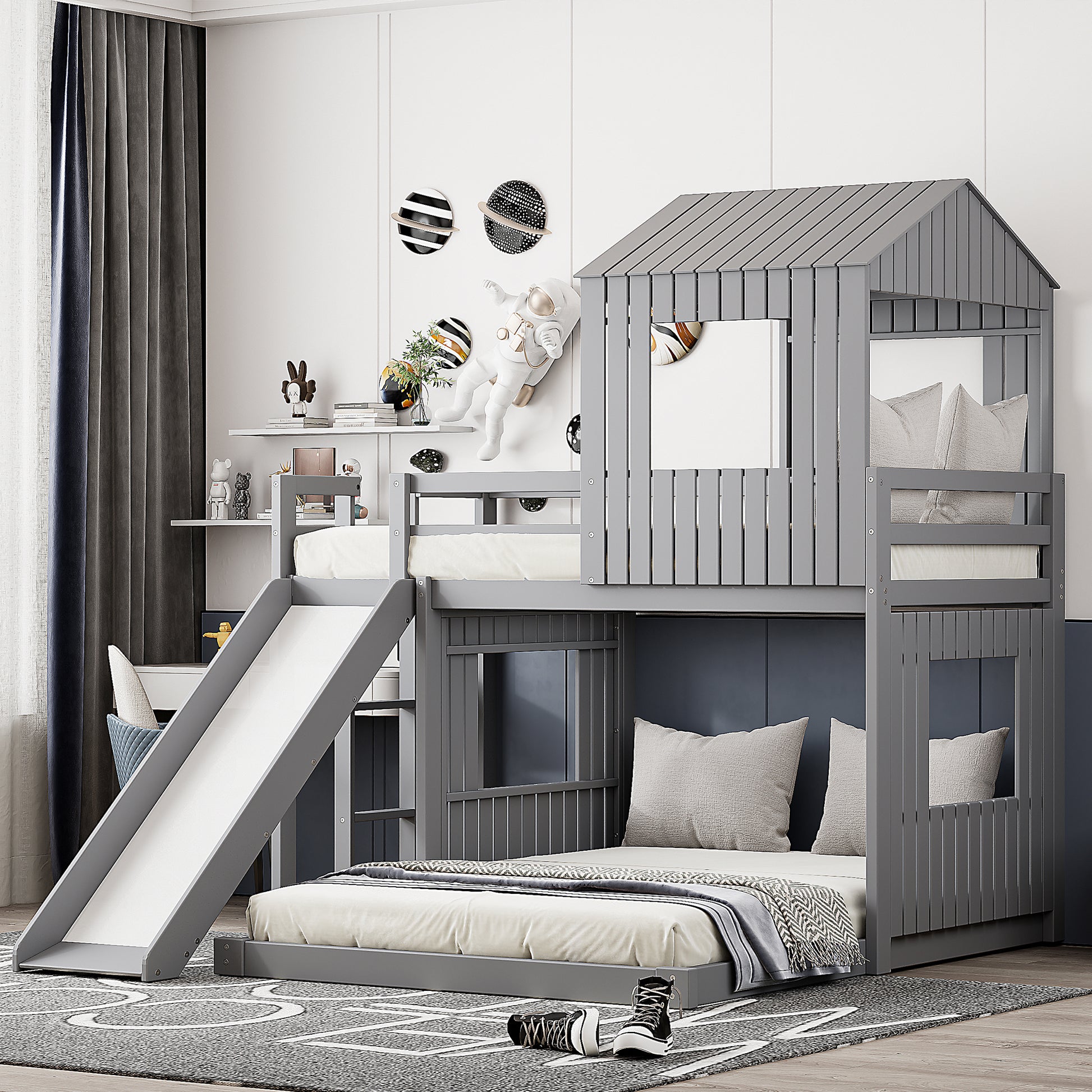 Wooden Twin Over Full Bunk Bed, Loft Bed With Playhouse, Farmhouse, Ladder, Slide And Guardrails, Gray Old Sku :Lt000028Aan Twin Gray Solid Wood