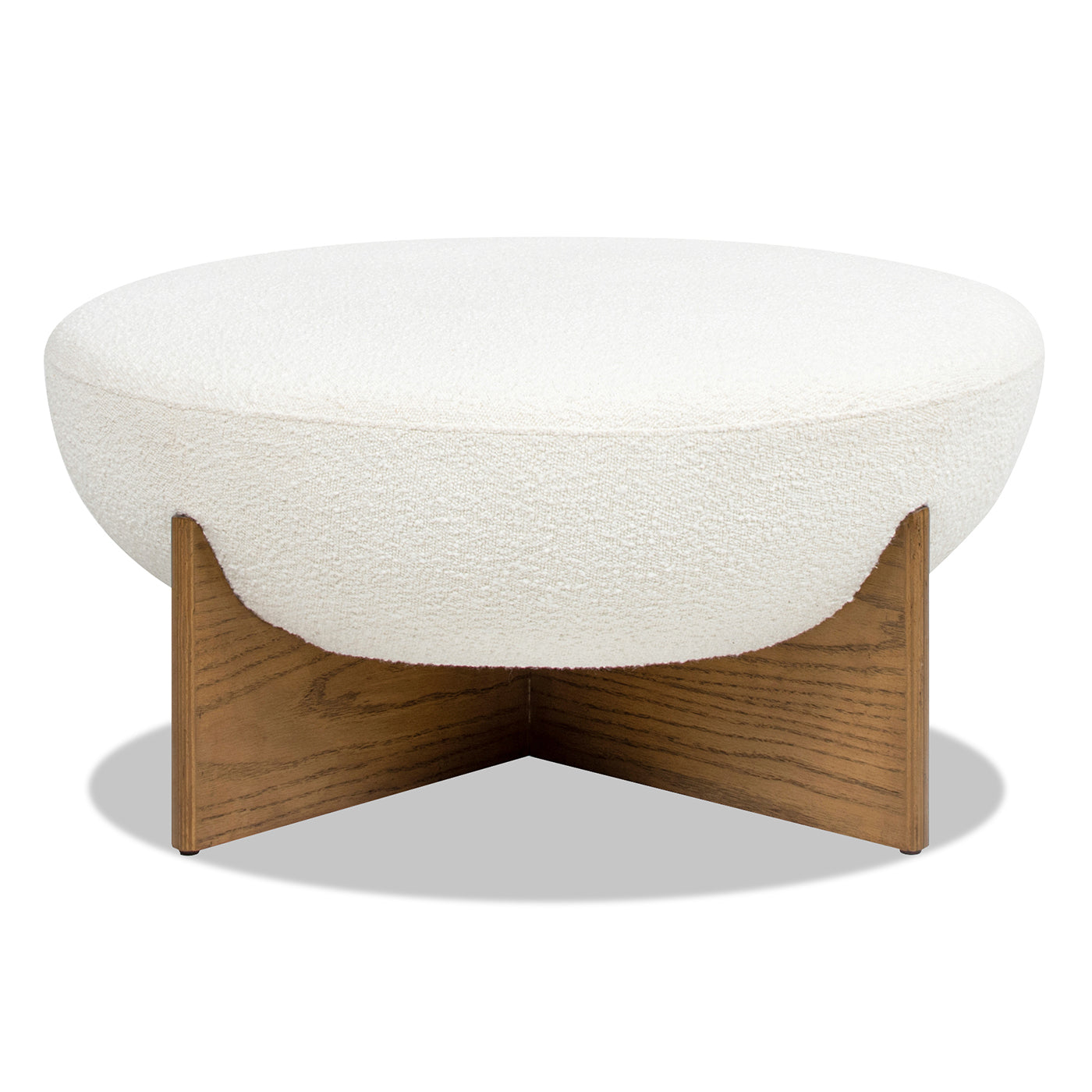 Bali 37" Round Upholstered Cocktail Ottoman With Natural Wood Base, Ivory White Boucle White Foam Boucle