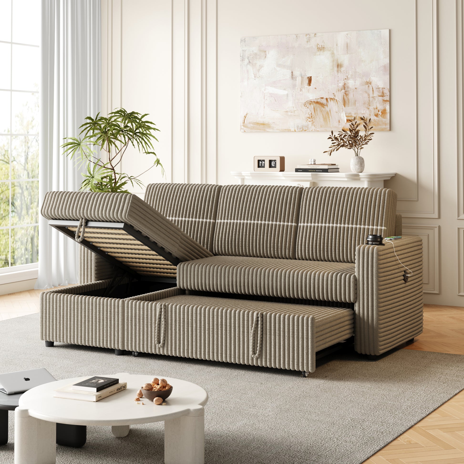 85 Inches Corduroy Sofa Bed, 3 Seater Sleeper Sofa With Storage Chaise, Square Handrail With Two Cup Holder And Usb Charge Port, Pull Out Couch For Living Room Brown Corduroy 3 Seat