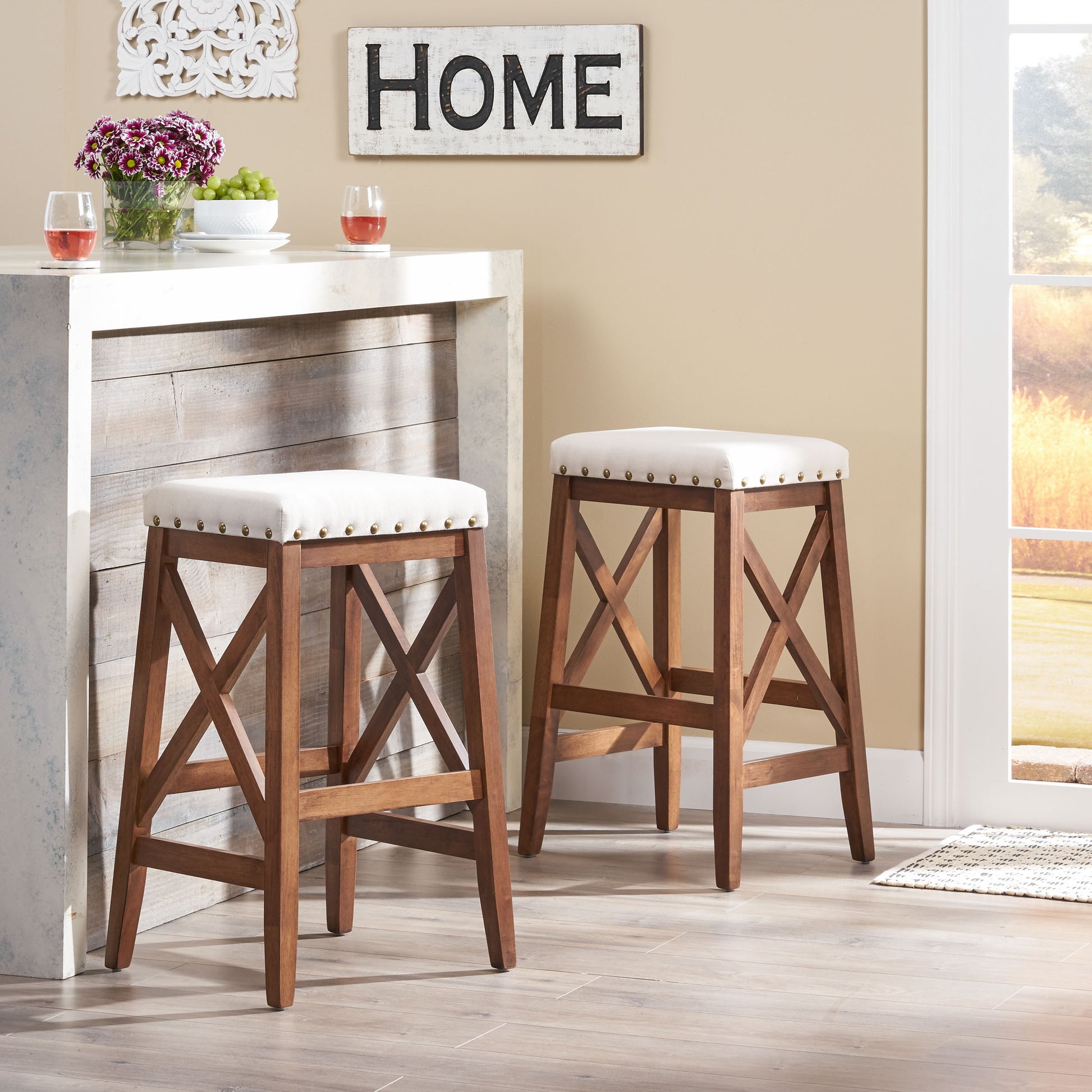 Saddle Barstool Beige Rubber Wood