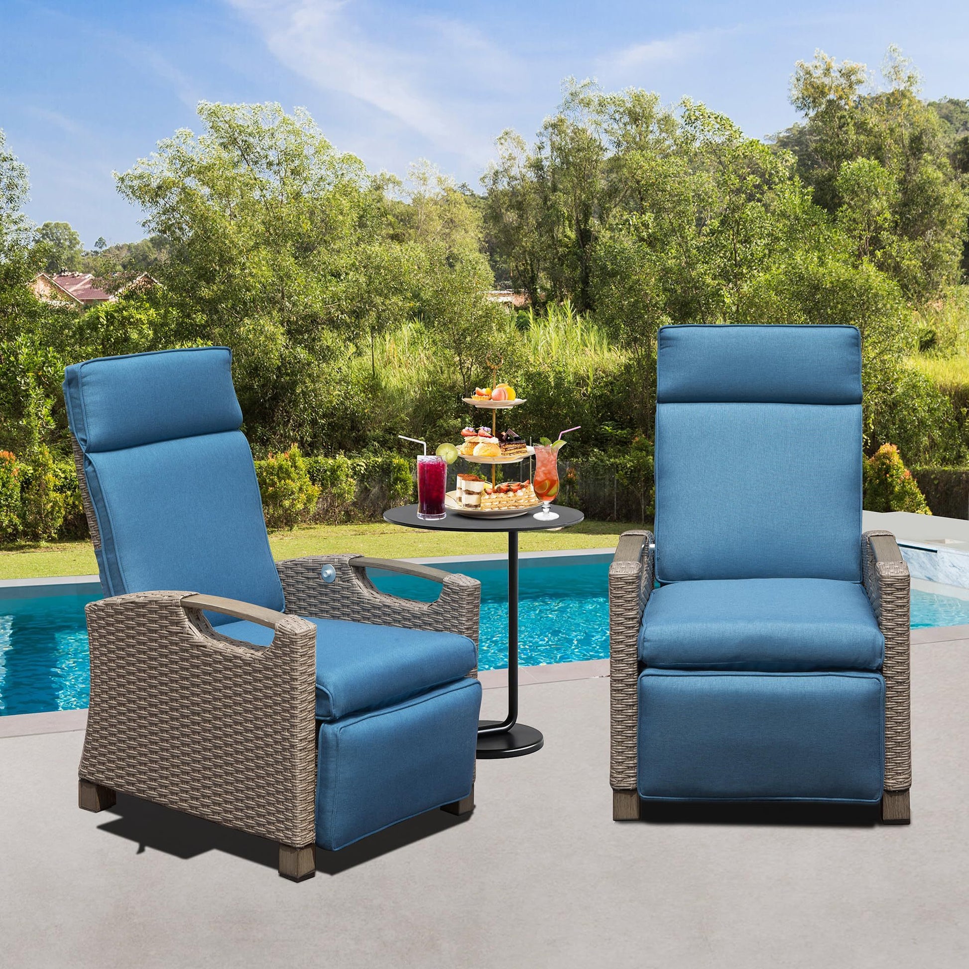 Outdoor Recliner Chair, Patio Recliner With Hand Woven Wicker, Flip Table Push Back, Adjustable Angle, 6.8'' Thickness Cushions, Reclining Lounge Chair For Indoor And Outdoor, Navy Blue Yes Blue Garden & Outdoor Steel Rattan