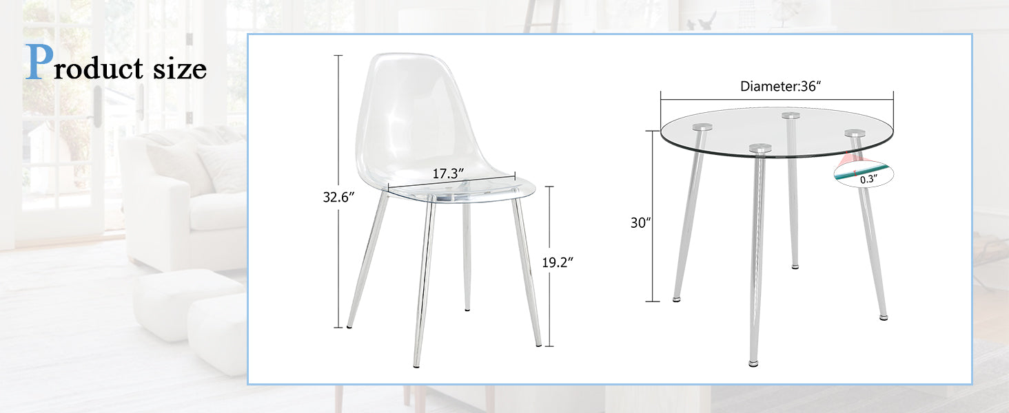 A Modern Minimalist Style Round Transparent Tempered Glass Table, Silver Metal Legs, Paired With 4 Modern Style Transparent Dining Chairs,Bringing A Luxurious Experience. Transparent Seats 4 Glass