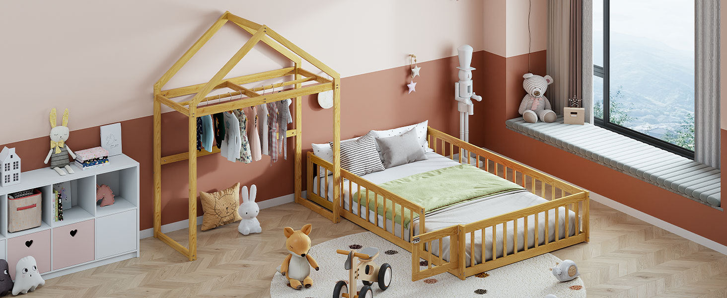 Wooden Floor Bed With Fence Railings And Detachable House Shape Headboard,Full Size Bed With Kids Dress Up Rack, Kids Montessori Style Playhouse Frame For Girls Boys, Natural Full Natural Wood