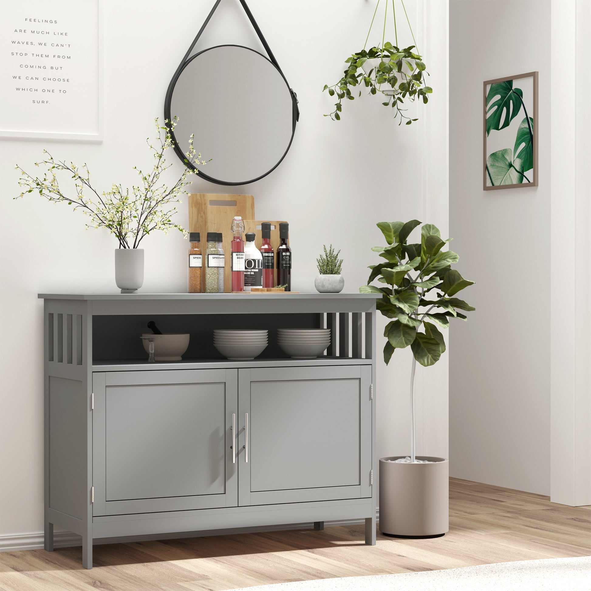 Homcom Sideboard Buffet Cabinet, Modern Kitchen Cabinet, Coffee Bar Cabinet With 2 Level Shelf And Open Compartment, Grey Grey Mdf