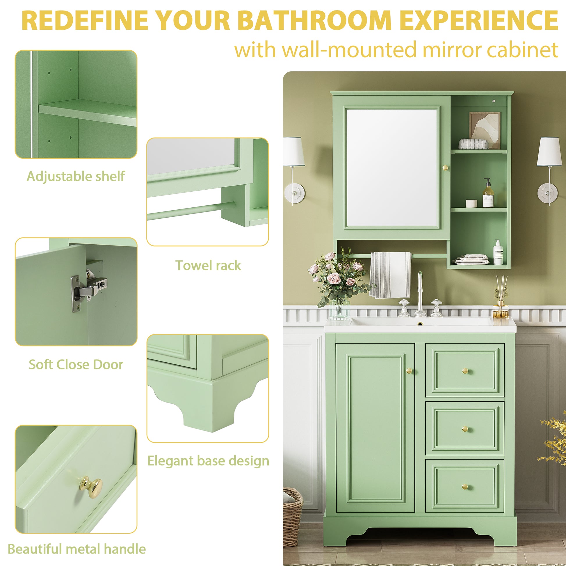 30 Inch Bathroom Vanity With Sink, Modern Elegant Bathroom Storage Cabinet With 3 Drawers And Adjustable Shelves, Freestanding Vanity Set With Mirror Cabinet, Single Sink Bathroom Vanity Green Bathroom Solid Wood Mdf Glass