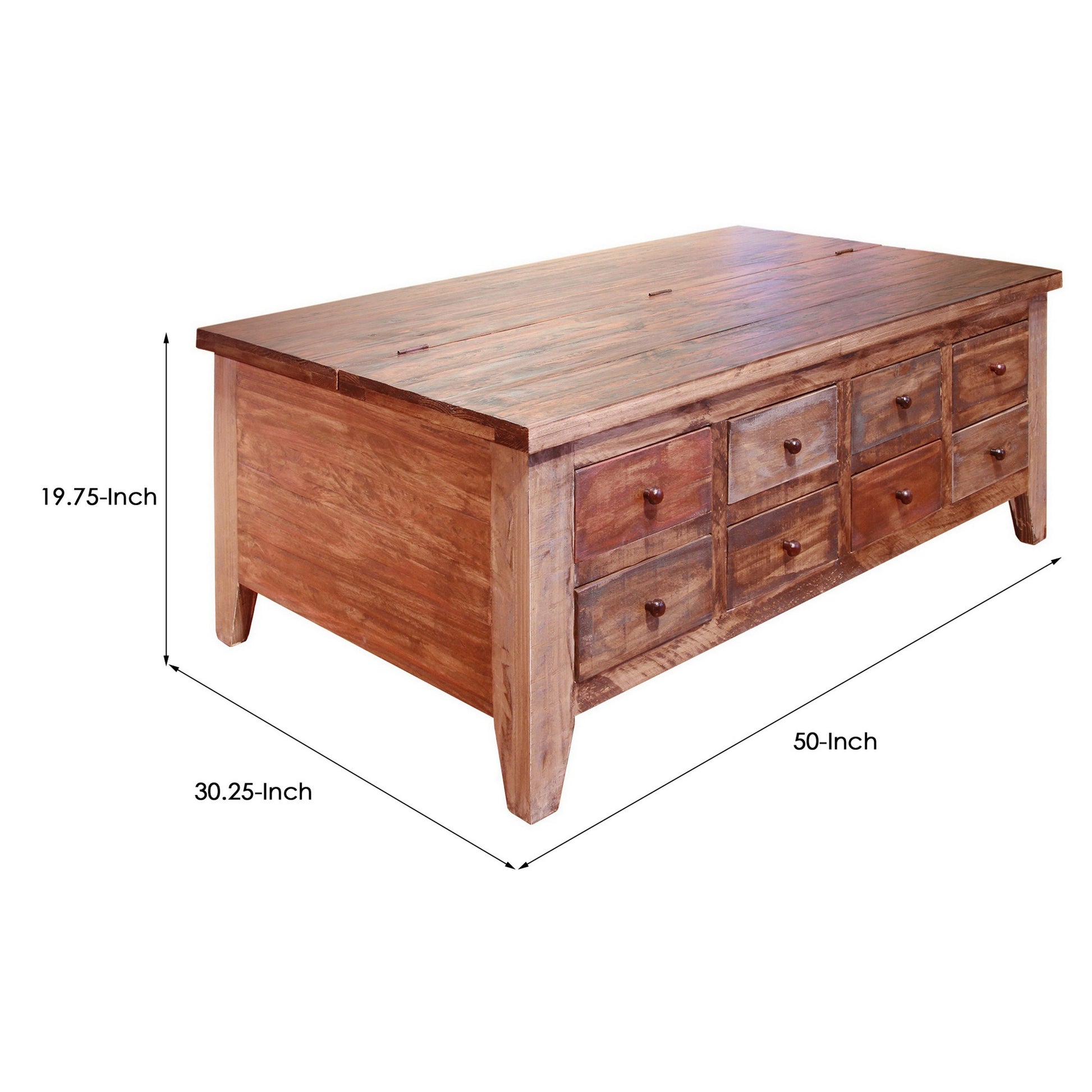 Fena 50 Inch 8 Drawer Coffee Table, Lift Top, Multicolor Distress Pine Wood Brown Solid Wood