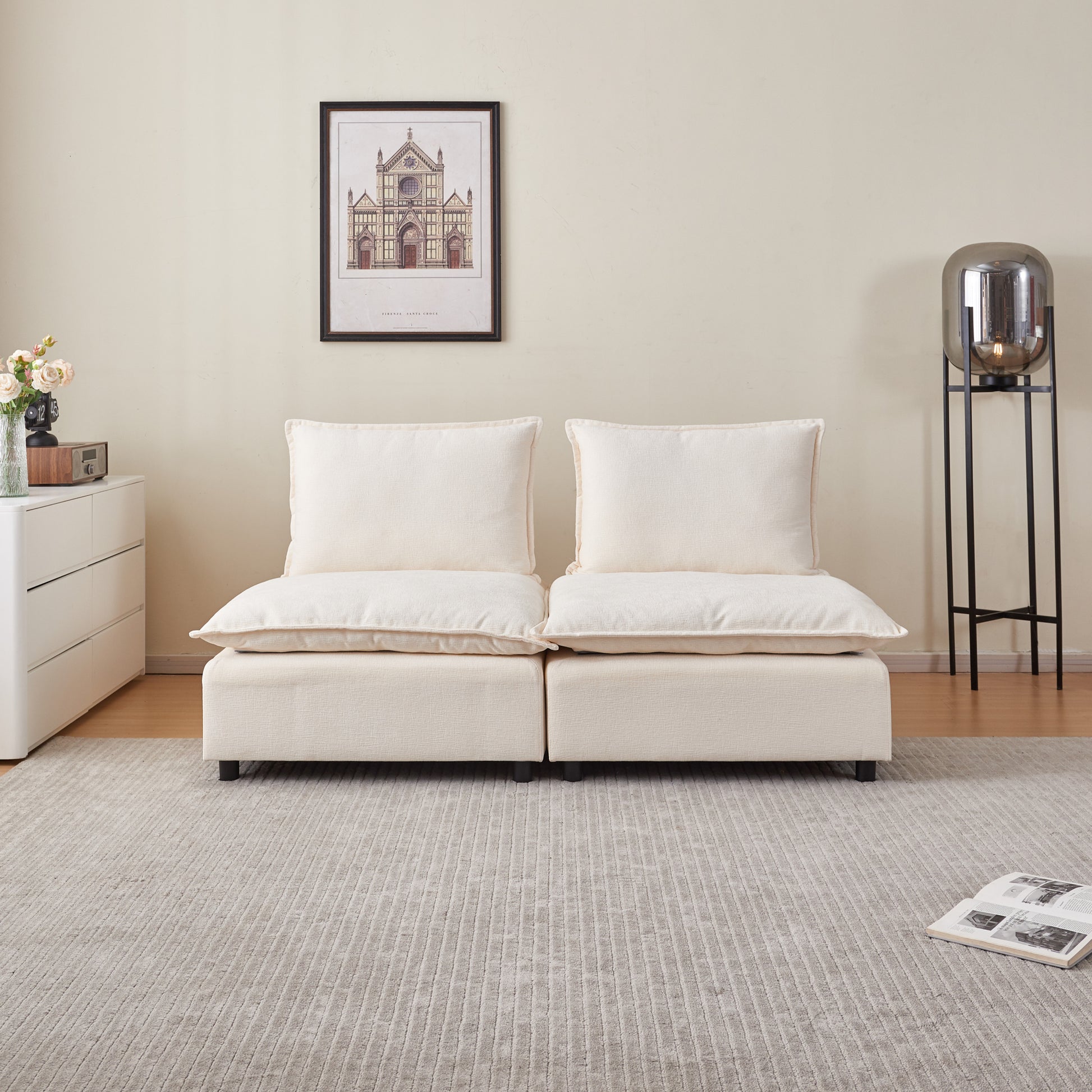 Modern Armless Accent Chair, Single Sofa Couch With Ottoman Compact Design, Space Saving Seating For Living Room, Bedroom, Apartment, Office Beige Wood Medium Soft Foam Chenille 1 Seat
