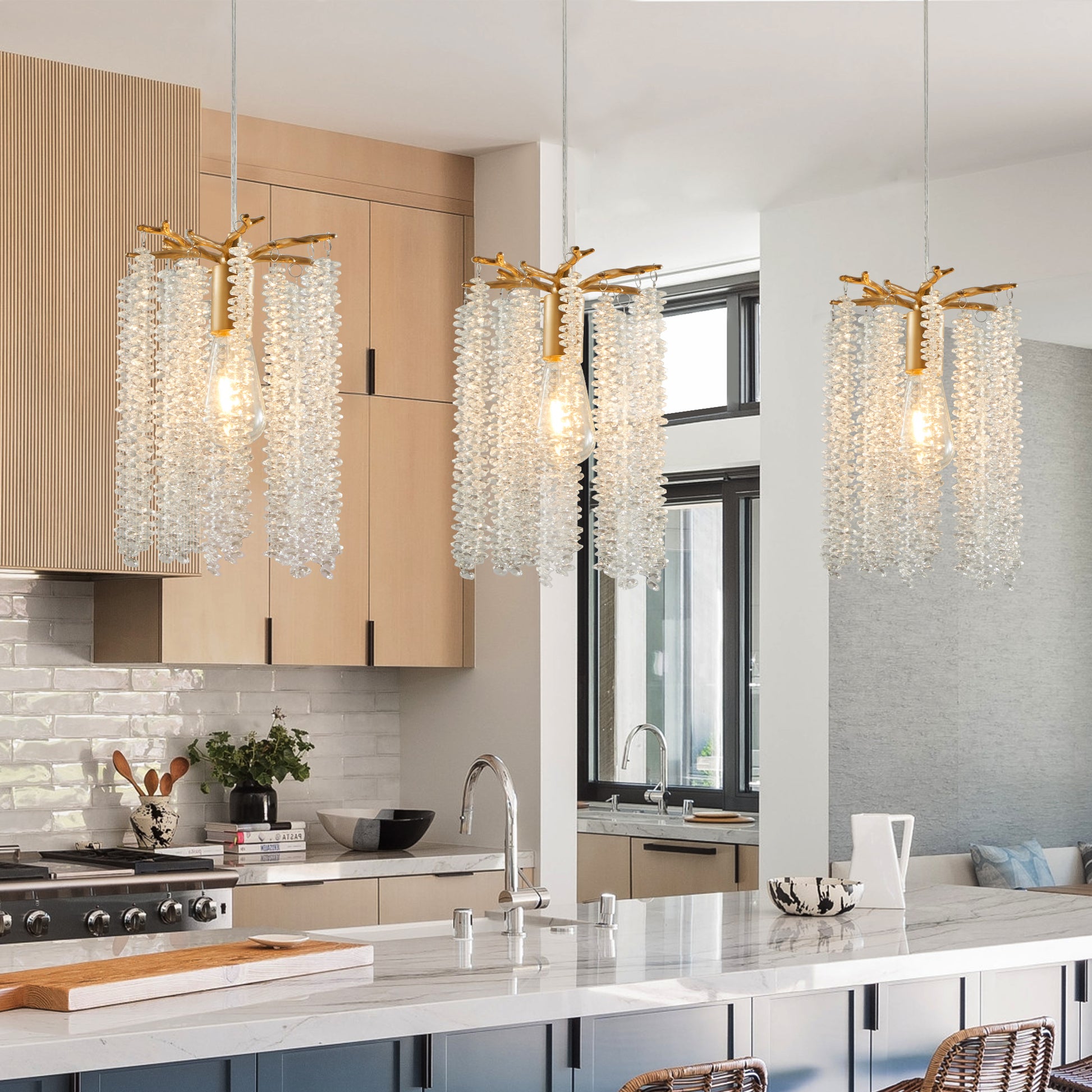 Luxury 3 Pack Crystal Pendant Lights, Elegant Golden Finish Chandelier With Waterfall Bead Design No Bulbs Golden Crystal,Iron