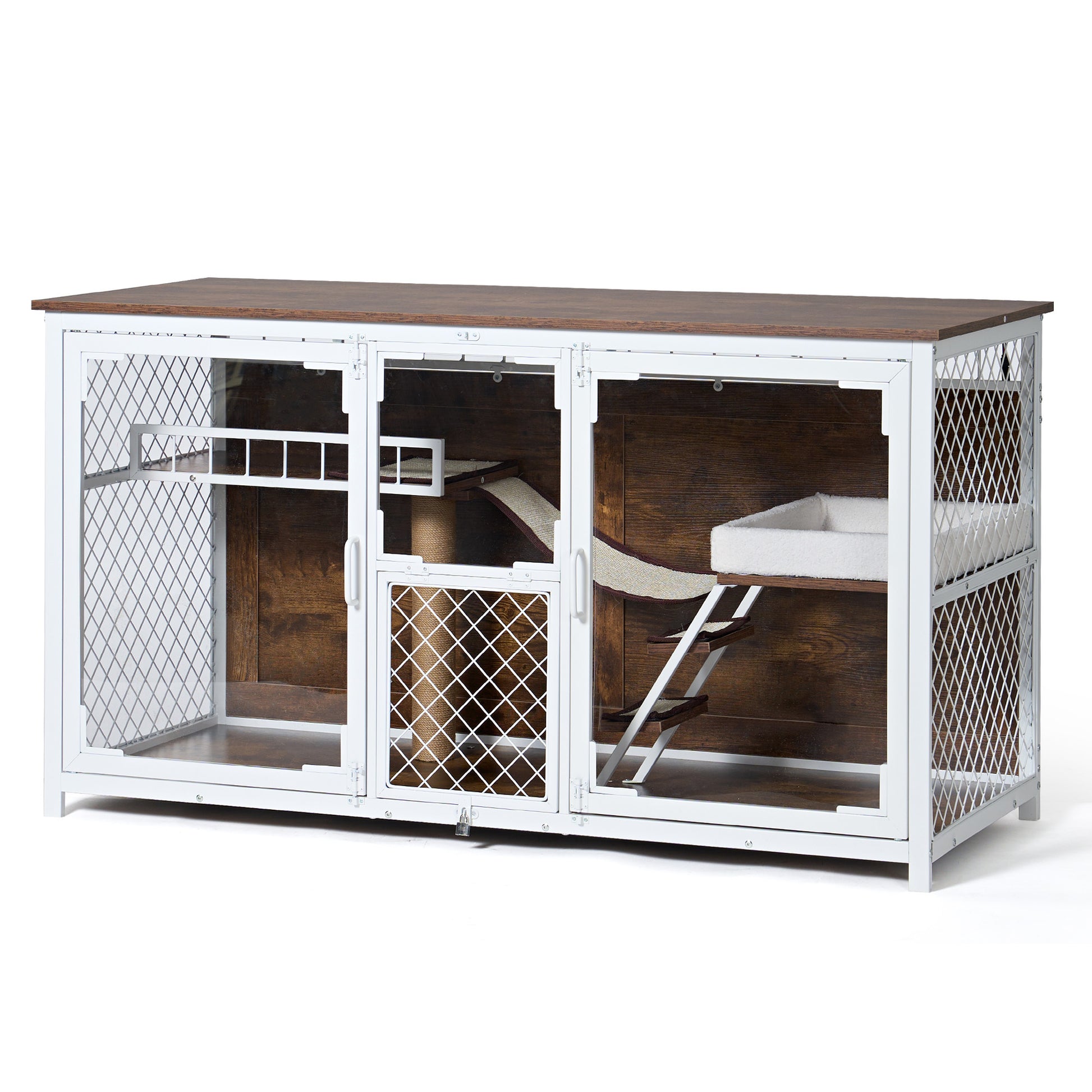 Wooden Cat House, Cat Villa, Cat Cages Indoor, Tv Stand With Cat House White Vintage American Design Cat Particle Board